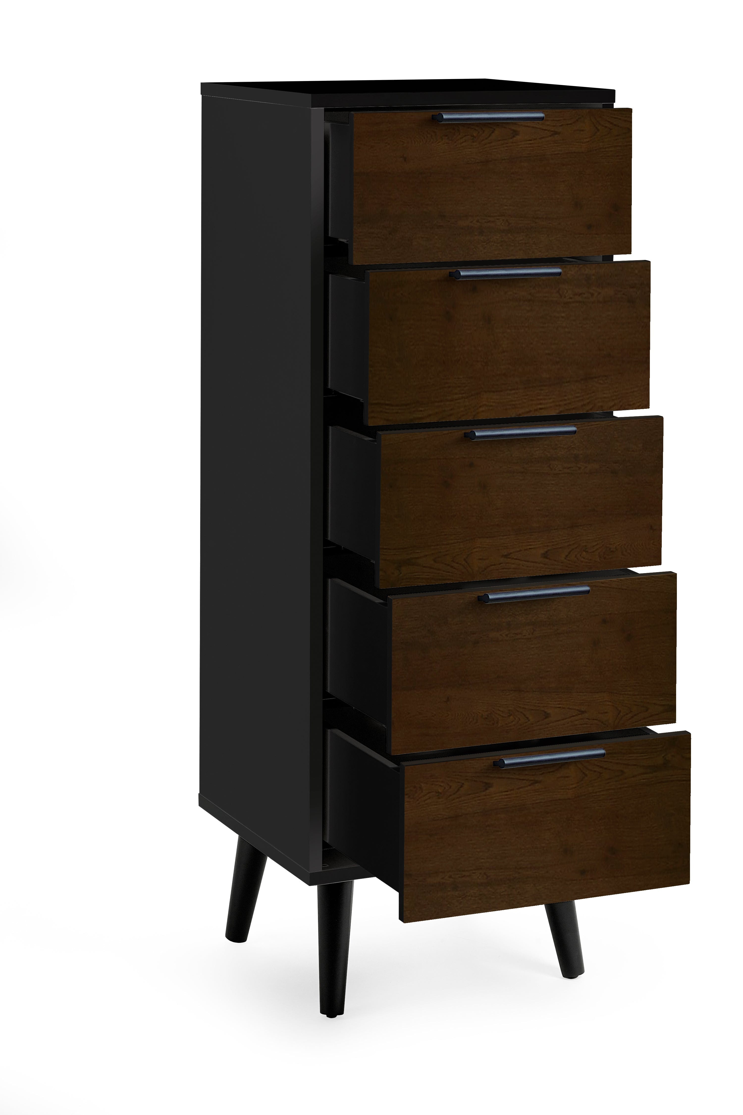 Alba 5 Drawer Narrow Chest - Walnut/Black