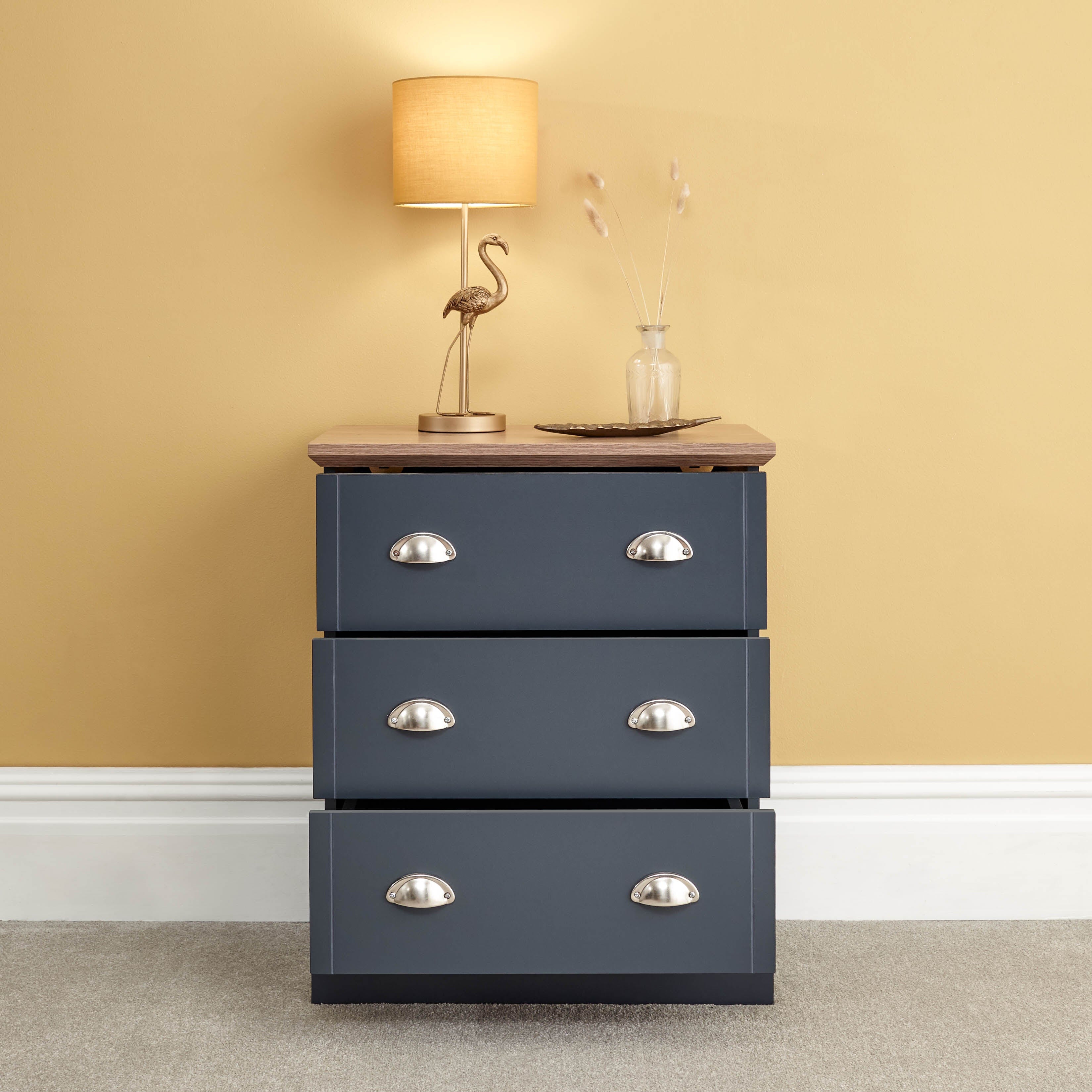 GFW Chest Of Drawers Kendal 3 Drawer Chest Slate Blue Bed Kings