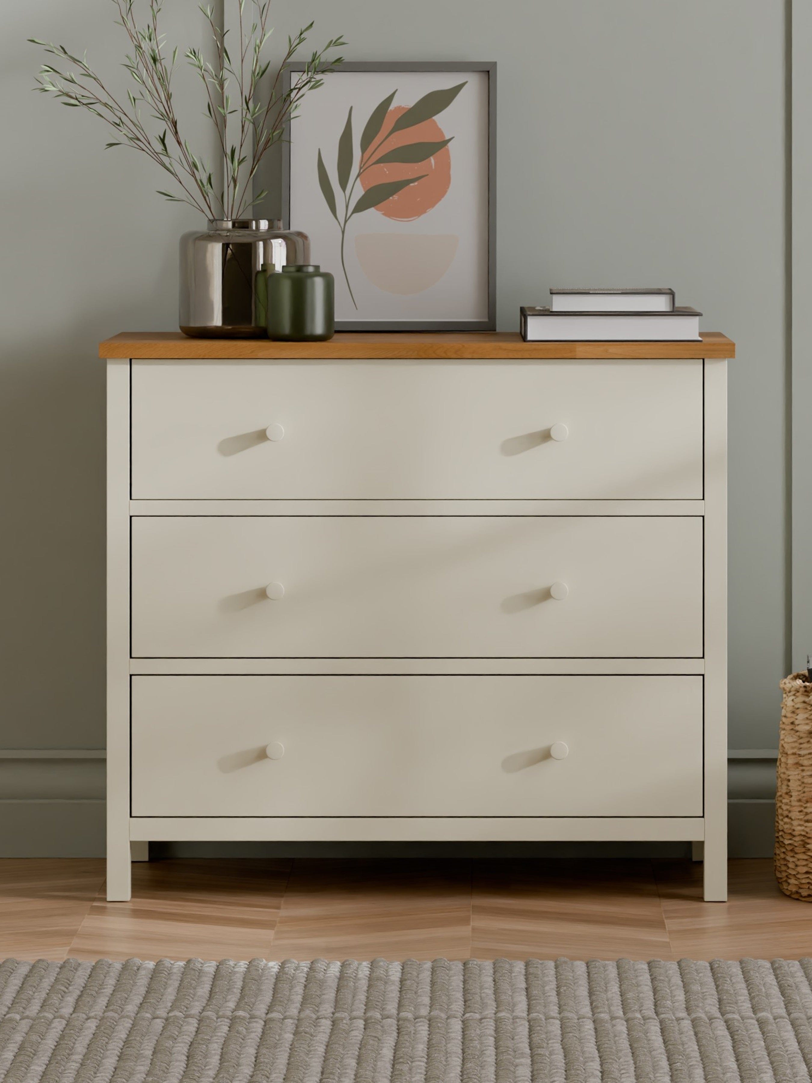 Julian Bowen Chest Of Drawers Coxmoor 3 Drawer Chest - Ivory and Oak Bed Kings