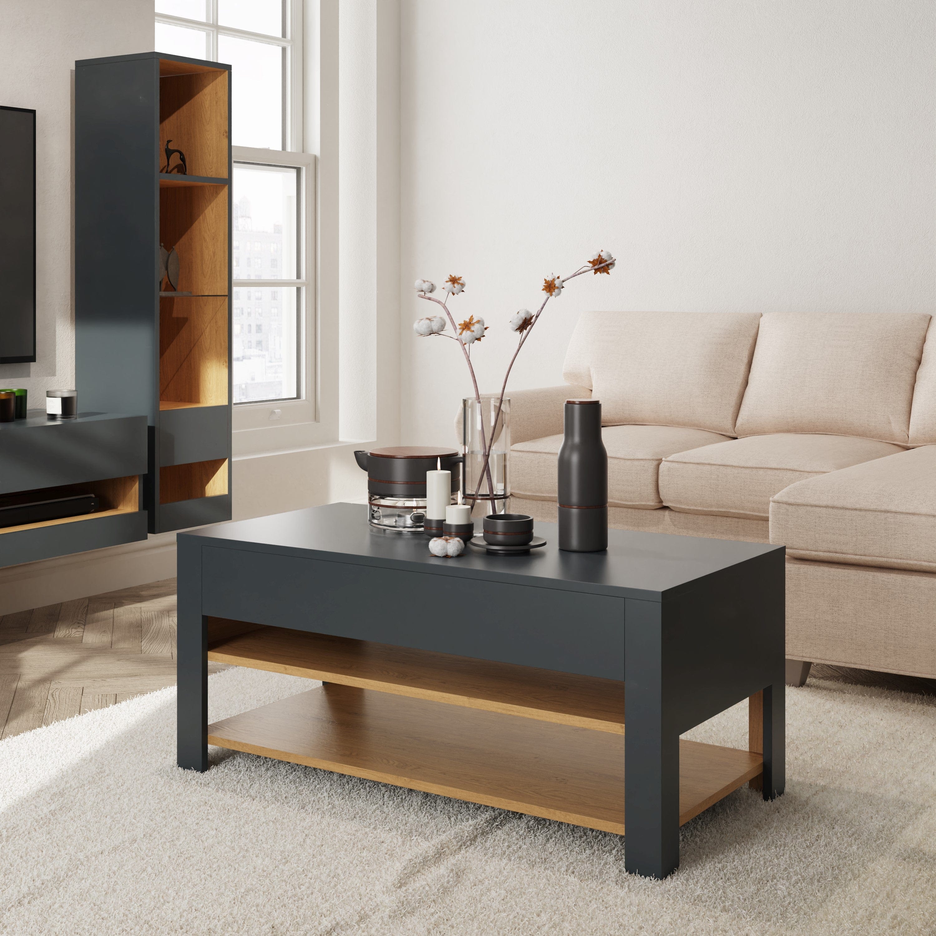 GFW Coffee Table Leon Coffee Table With LED Anthracite/Oak Bed Kings