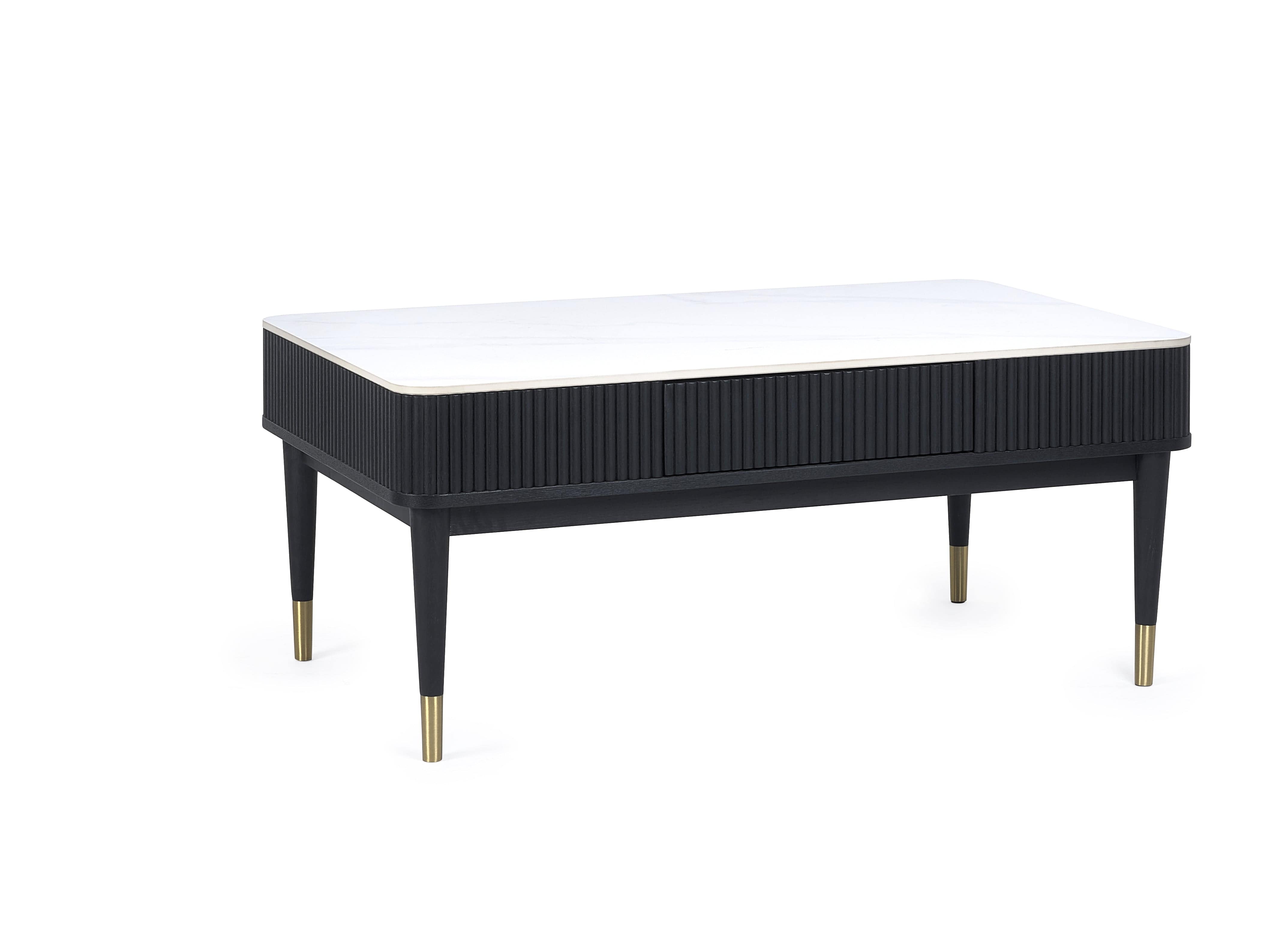 Julian Bowen Coffee Table Louis Fluted Stone Top Coffee Table With 2 Drawers - Black Bed Kings