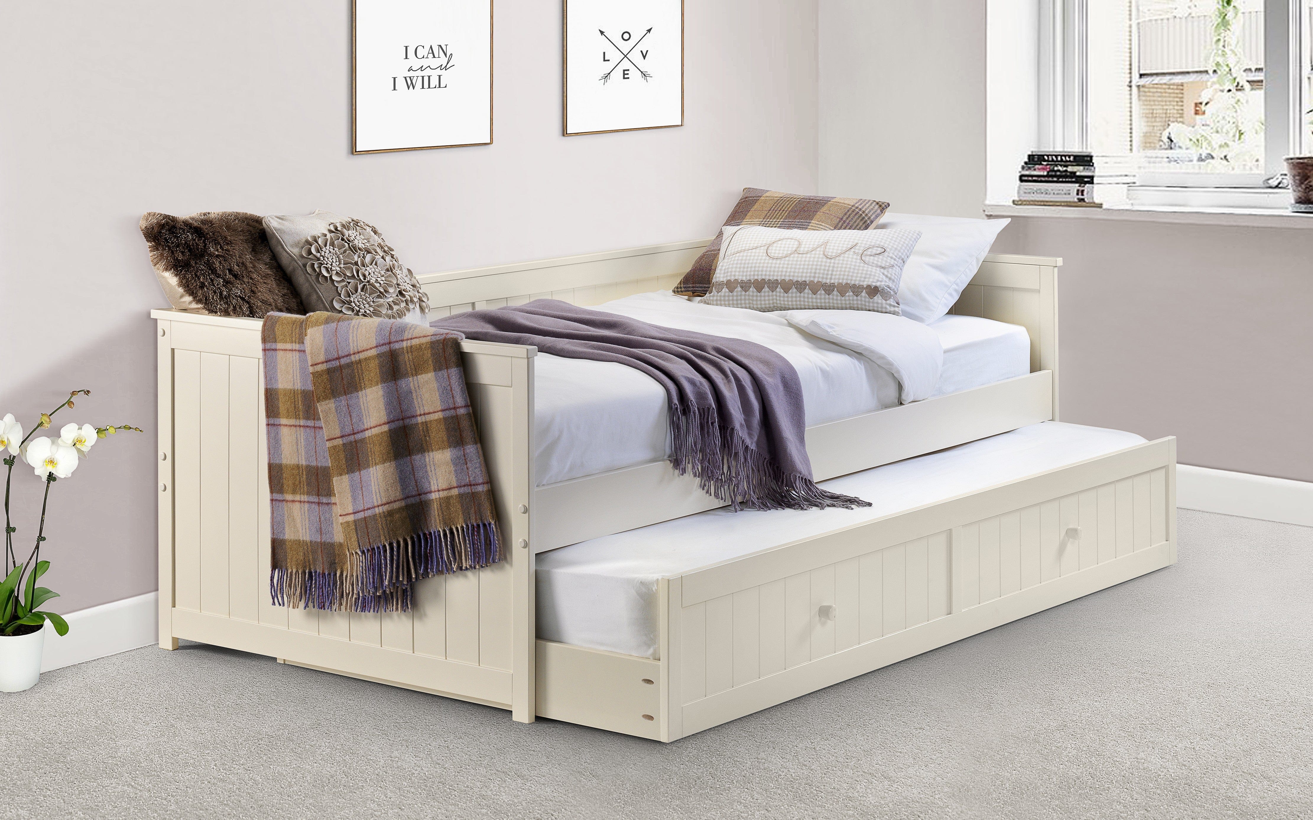 Julian Bowen Day Bed and Trundle Set Single 90cm 3ft Jessica Day Bed & Underbed - Stone White Bed Kings