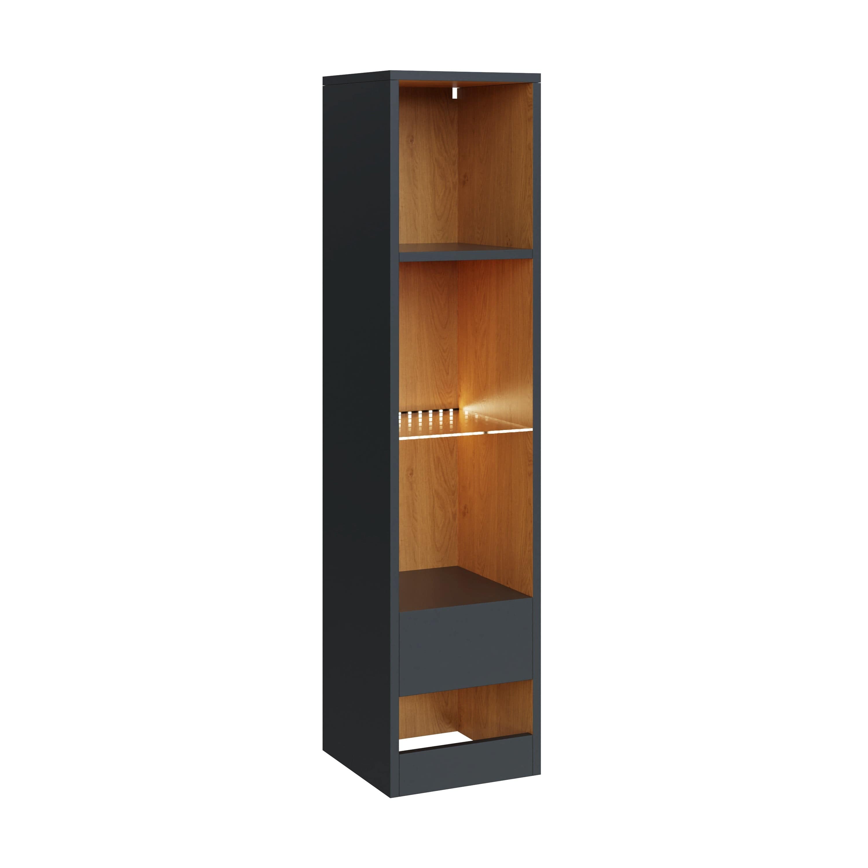 GFW Display Unit Leon Tall Shelf Unit With LED Anthracite/Oak Bed Kings