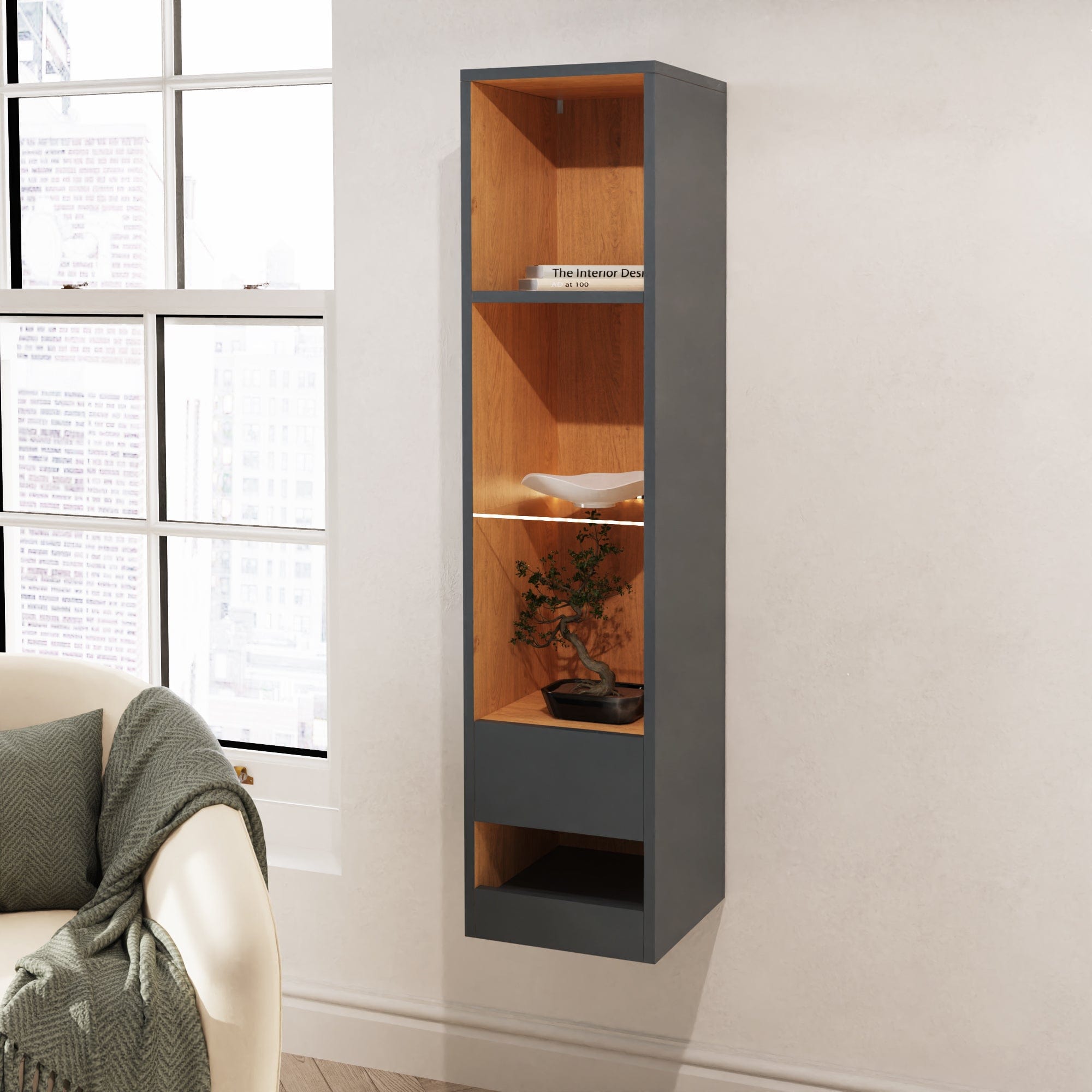 GFW Display Unit Leon Tall Shelf Unit With LED Anthracite/Oak Bed Kings