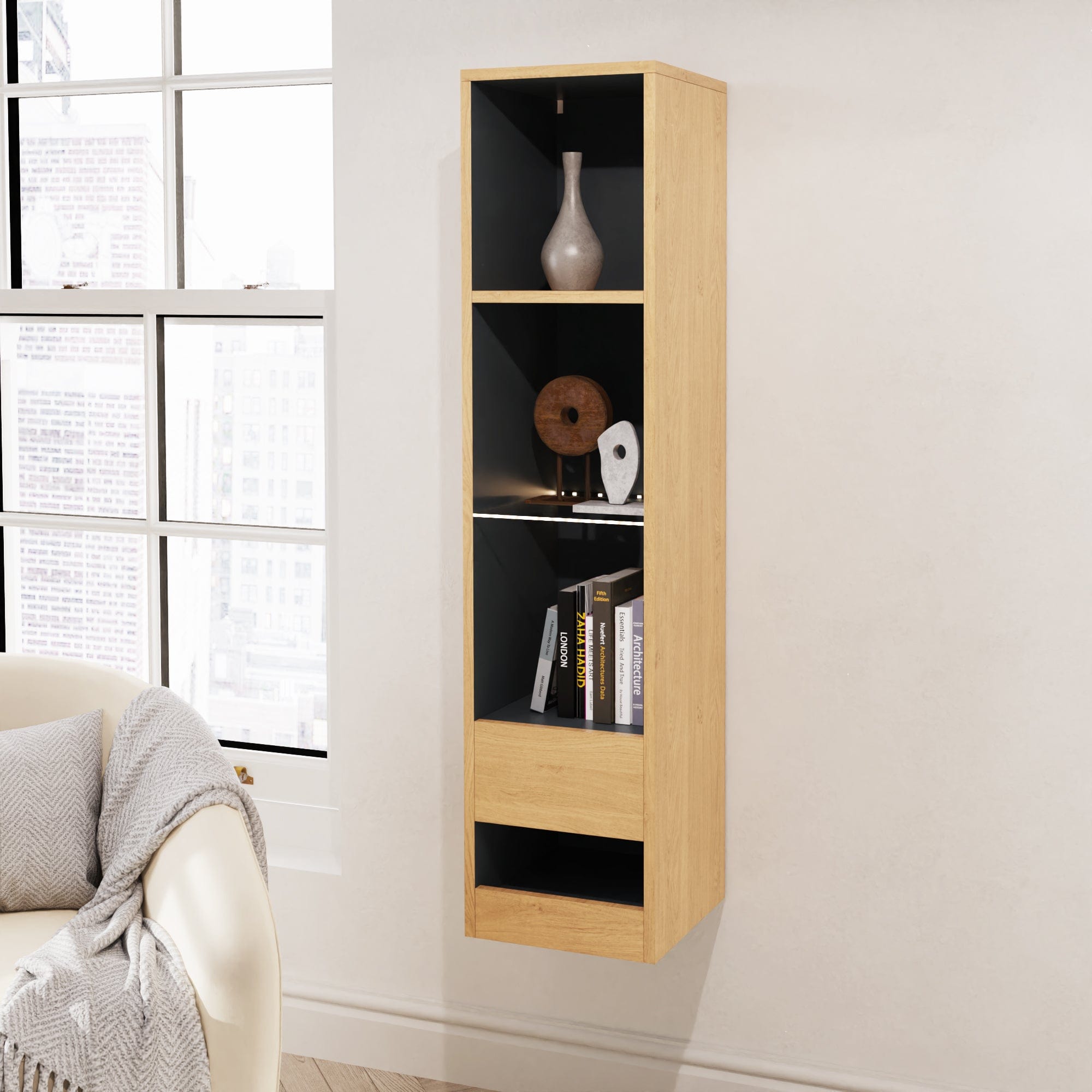 GFW Display Unit Leon Tall Shelf Unit With LED Oak/Anthracite Bed Kings