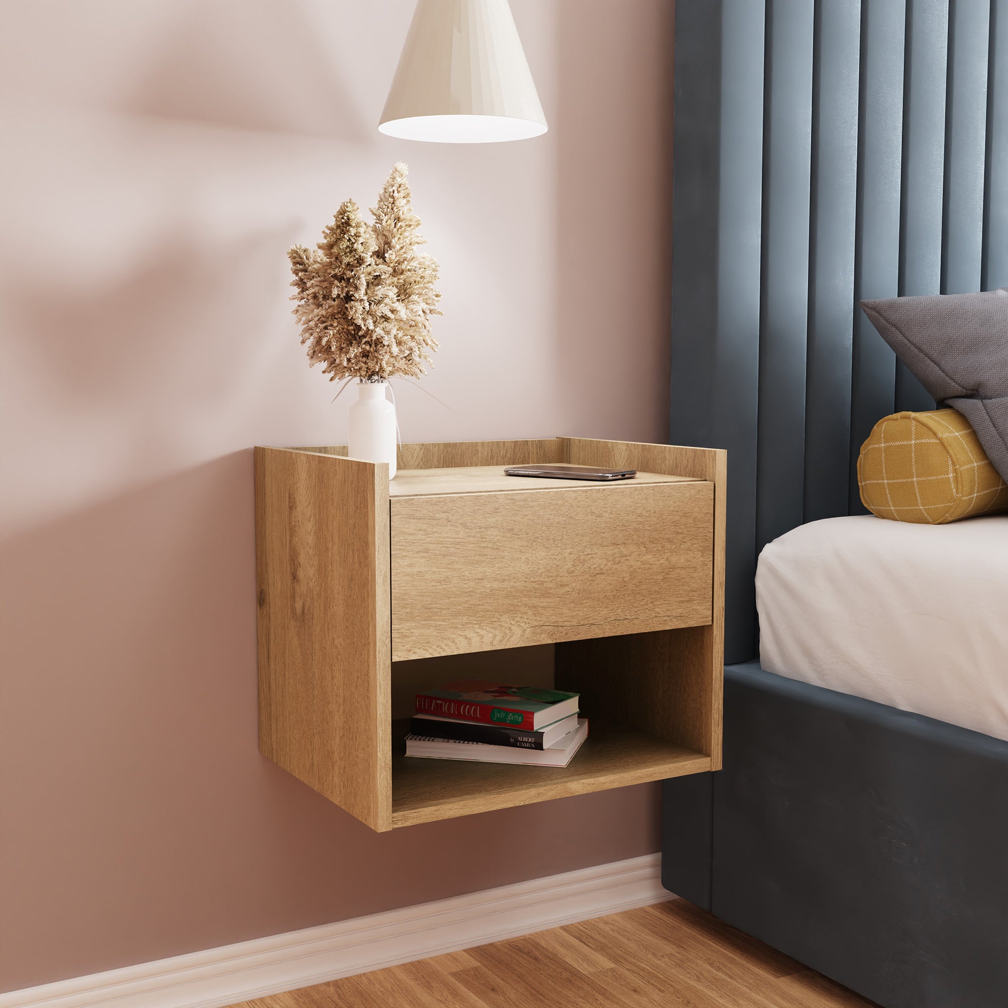 Harmony Wall Mounted Pair Of Bedside Tables Oak - GFW