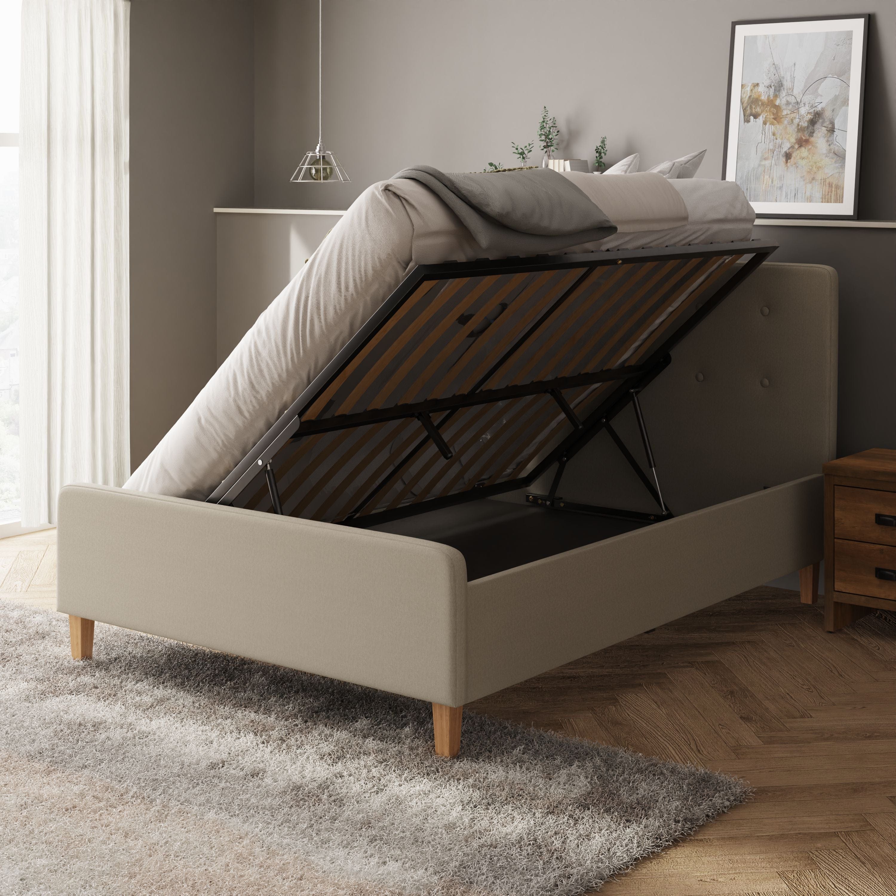 GFW Fabric Bed Ashbourne Ottoman Bed Natural Bed Kings