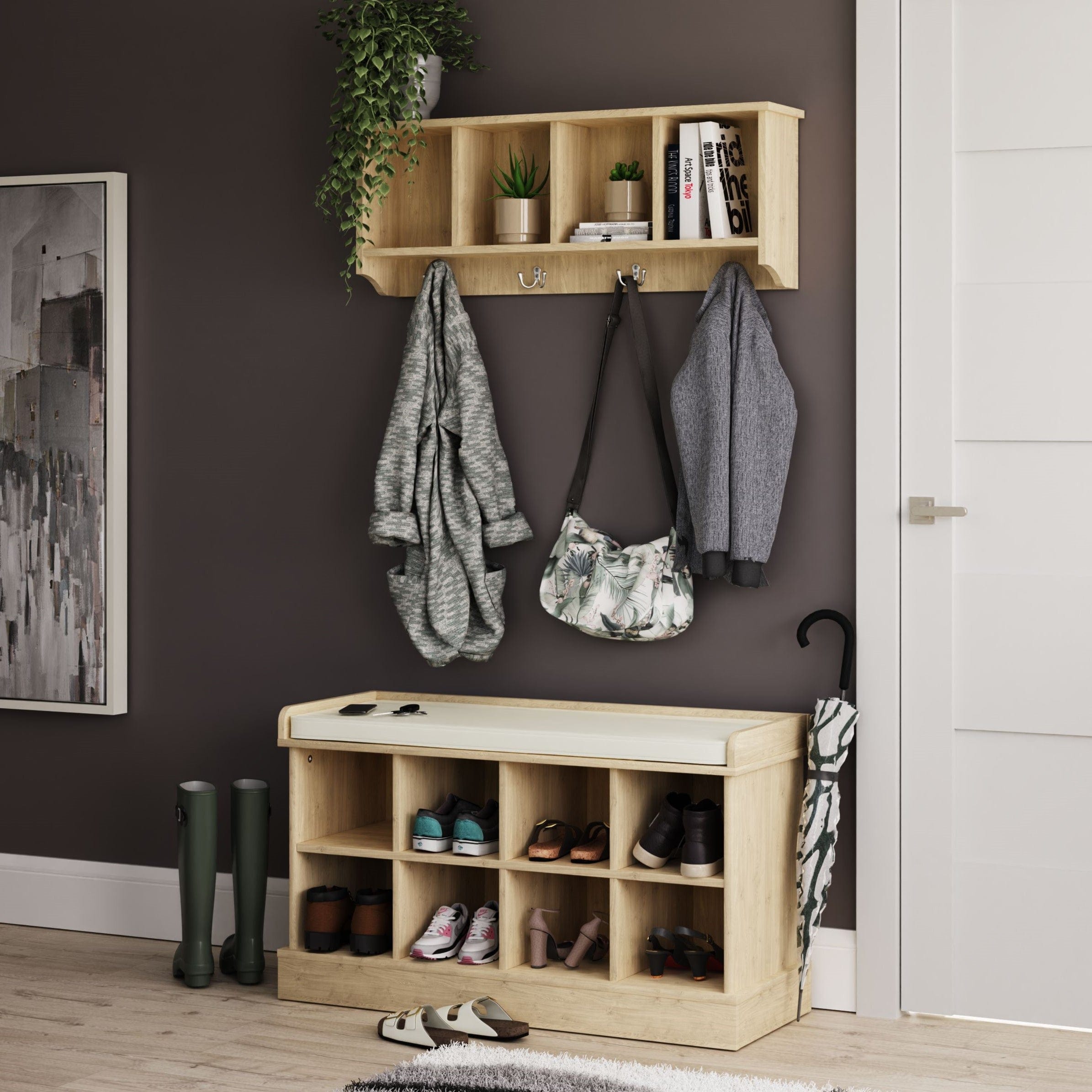 GFW Hallway Set Kempton Shoe Bench + Wall Rack Oak Bed Kings