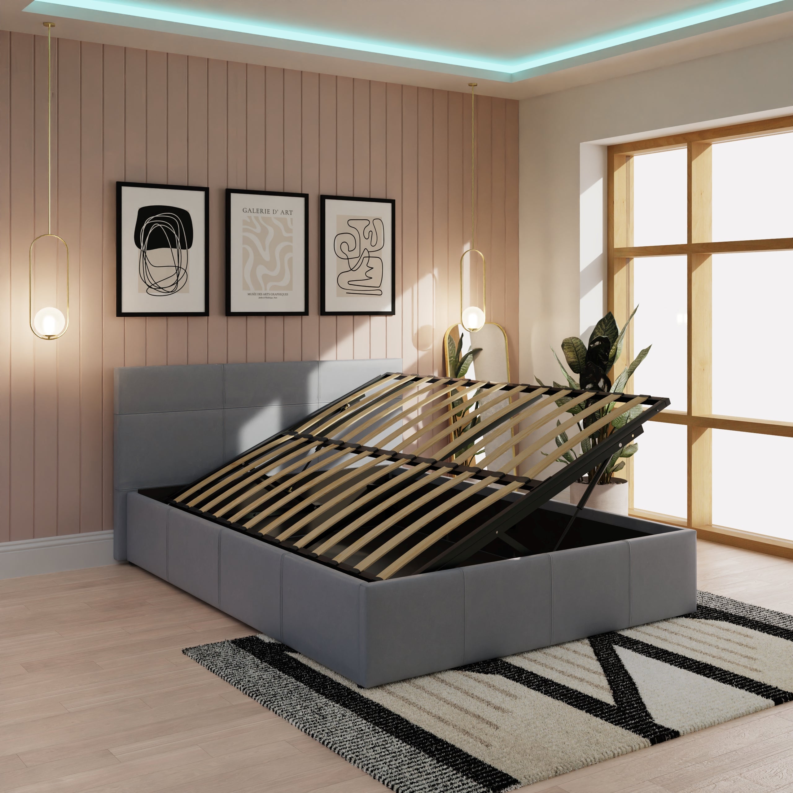 Side Lift Ottoman Bed Grey Leather