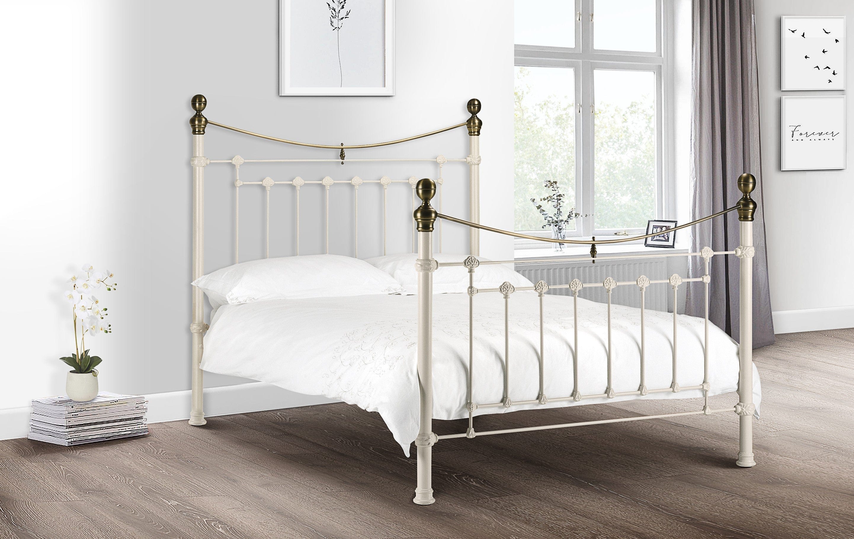 Julian Bowen Metal Bed Victoria Stone White Bed Metal Bed - Stone White With Brass Bed Kings