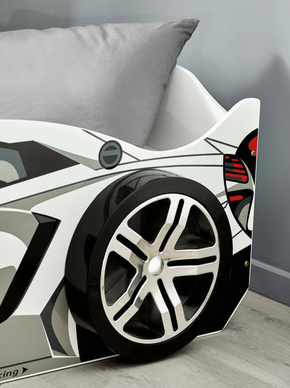Storm White and Grey High Gloss 90cm Single Race Car Bed