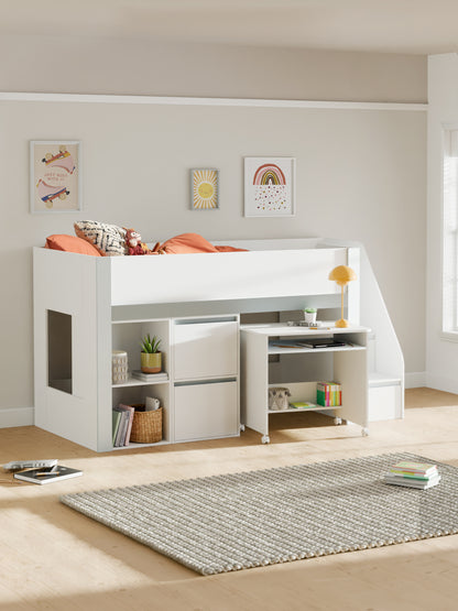 Gaia Midsleeper Bed - White and Silver