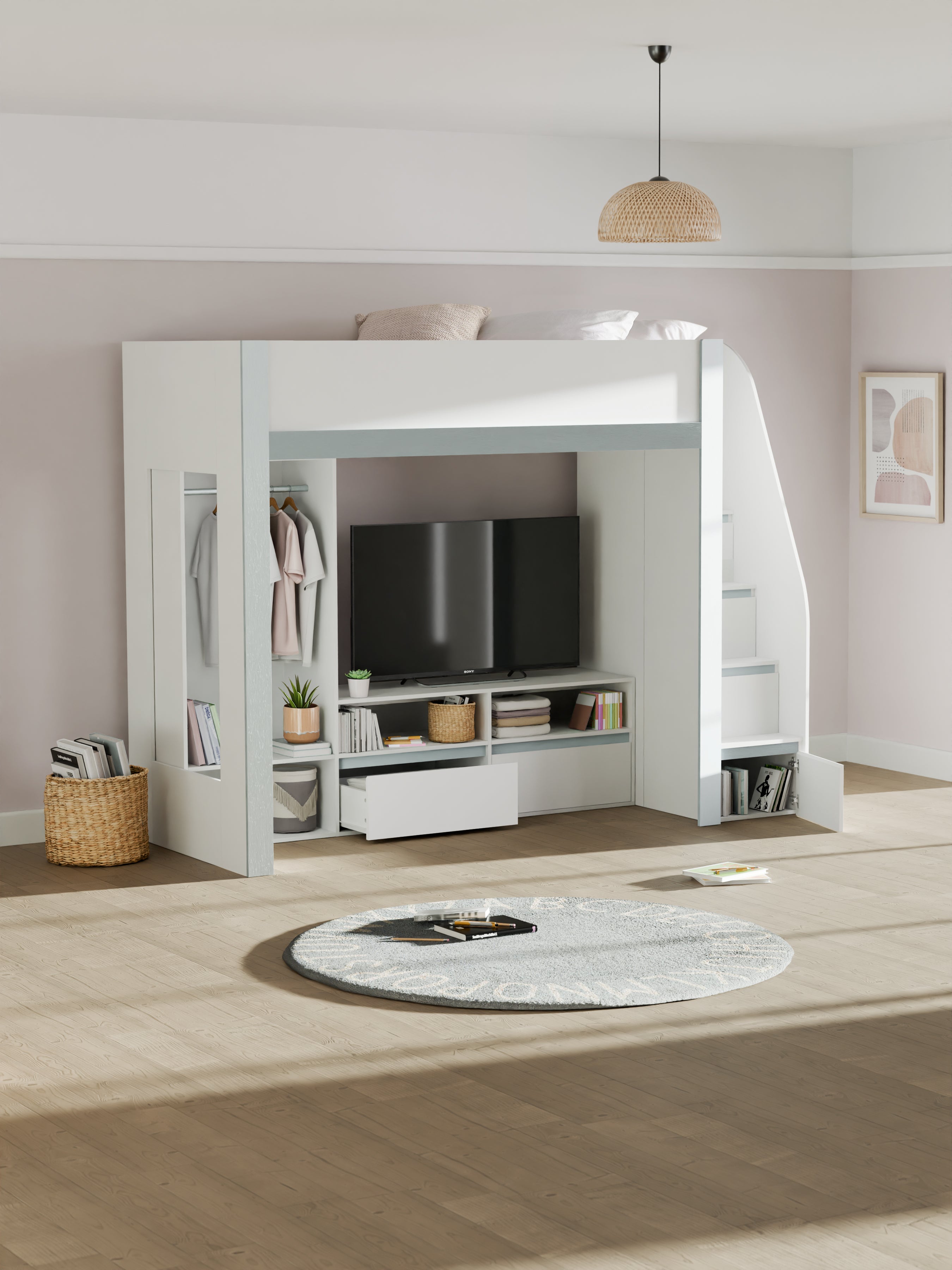 Gaia Highsleeper TV Bed - White and Silver