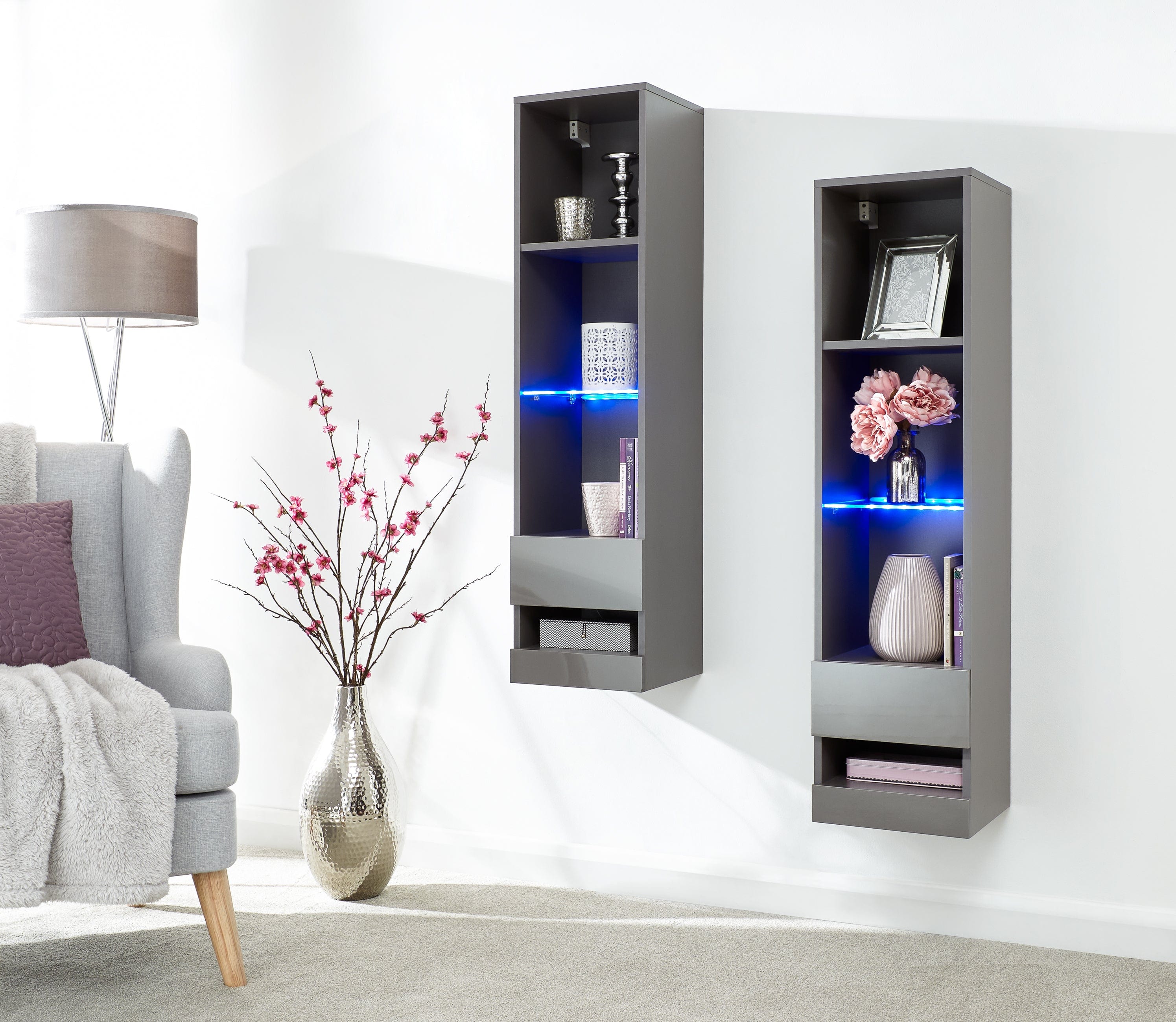 GFW Shelving Unit Galicia Tall Shelf Unit With Led Grey Bed Kings