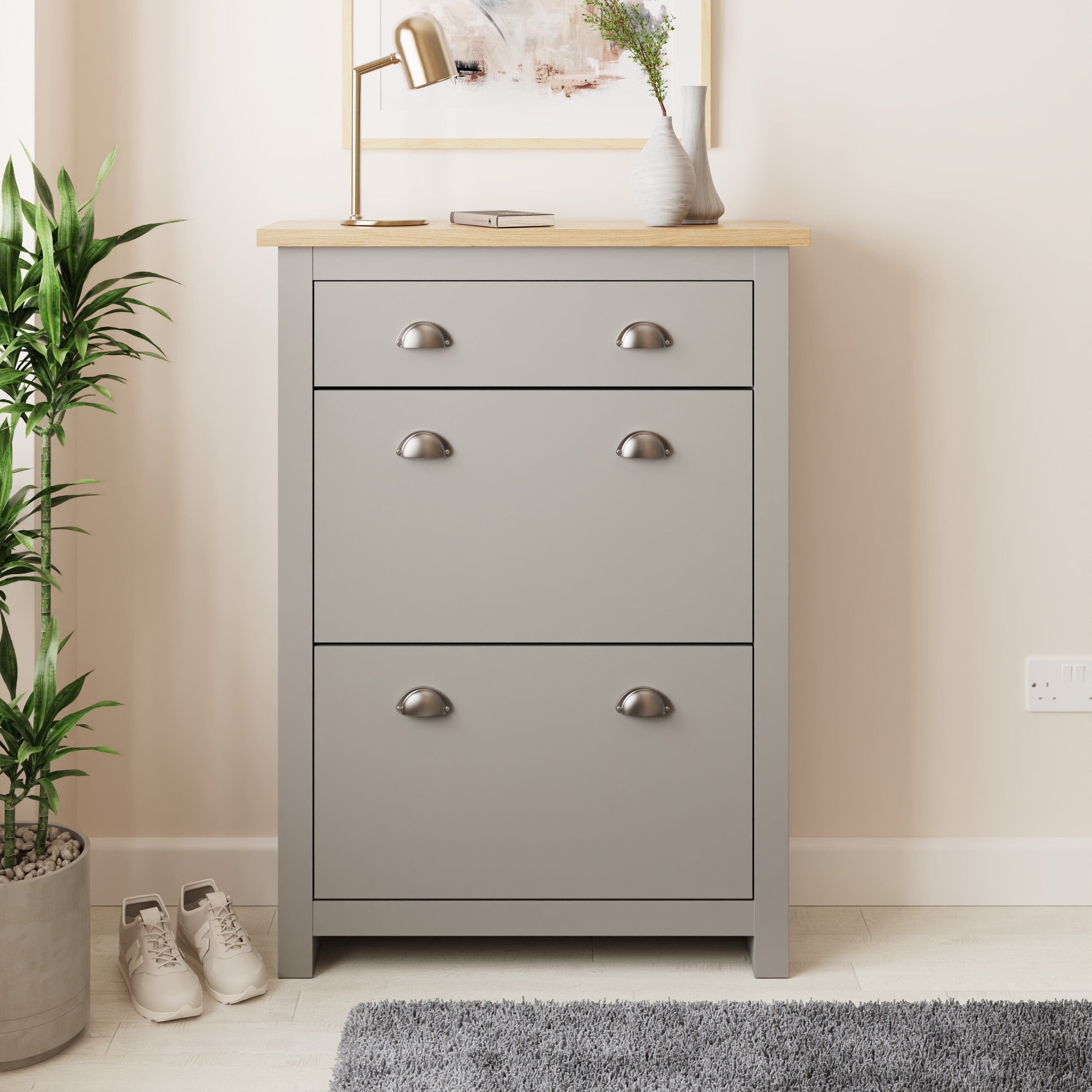 GFW Shoe Cabinet Lancaster 2Dr 1Drw Shoe Cabinet Grey Bed Kings