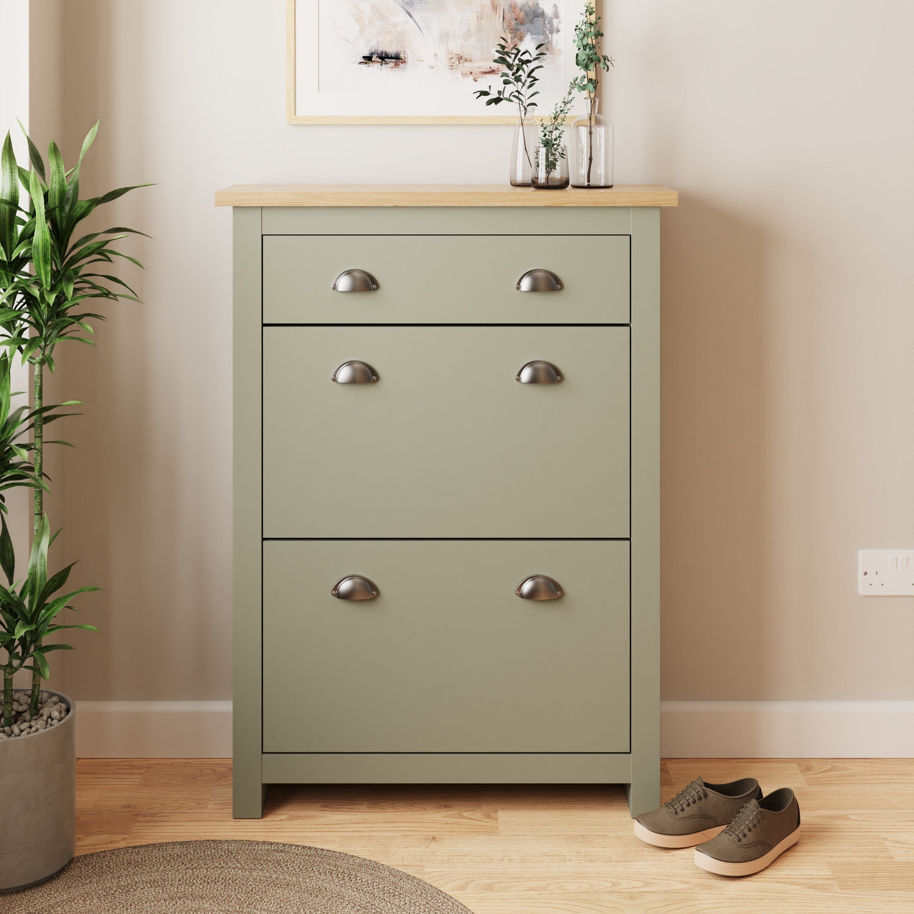 GFW Shoe Cabinet Lancaster 2Dr 1Drw Shoe Cabinet Sage Green Bed Kings