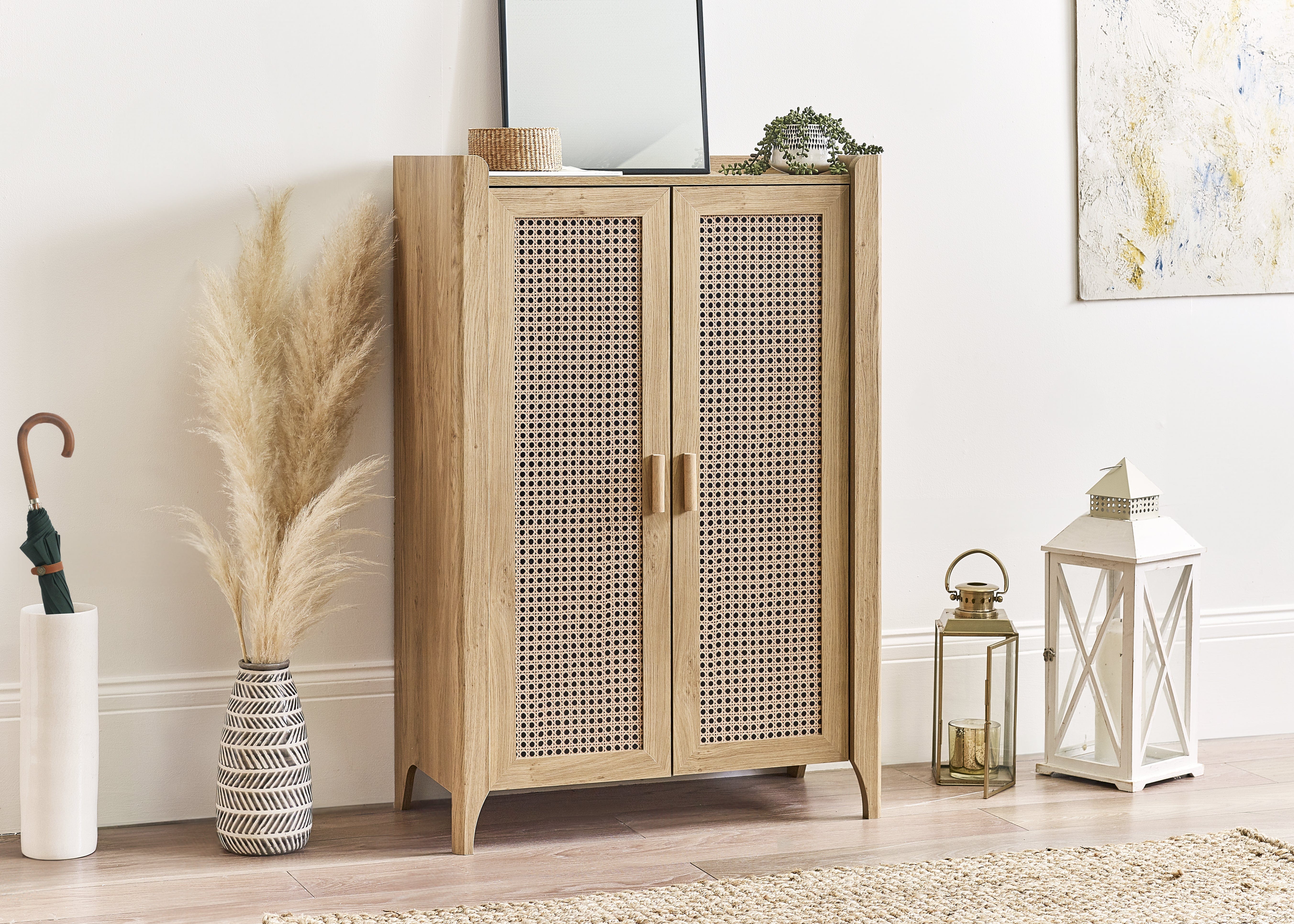 Julian Bowen Shoe Cabinet Sydney Shoe Cupboard - Rattan Effect Bed Kings