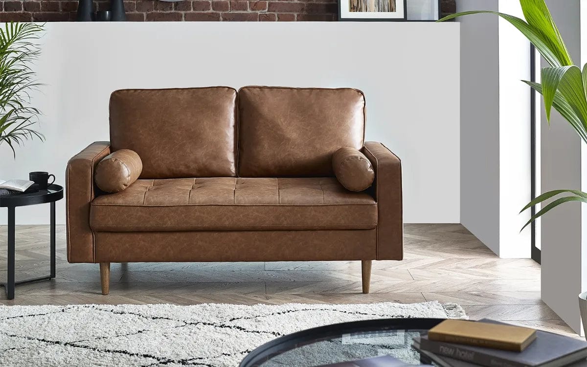 Julian Bowen Sofa Henley 2 Seater Sofa With Bolsters - Brown Tan Faux Leather Bed Kings