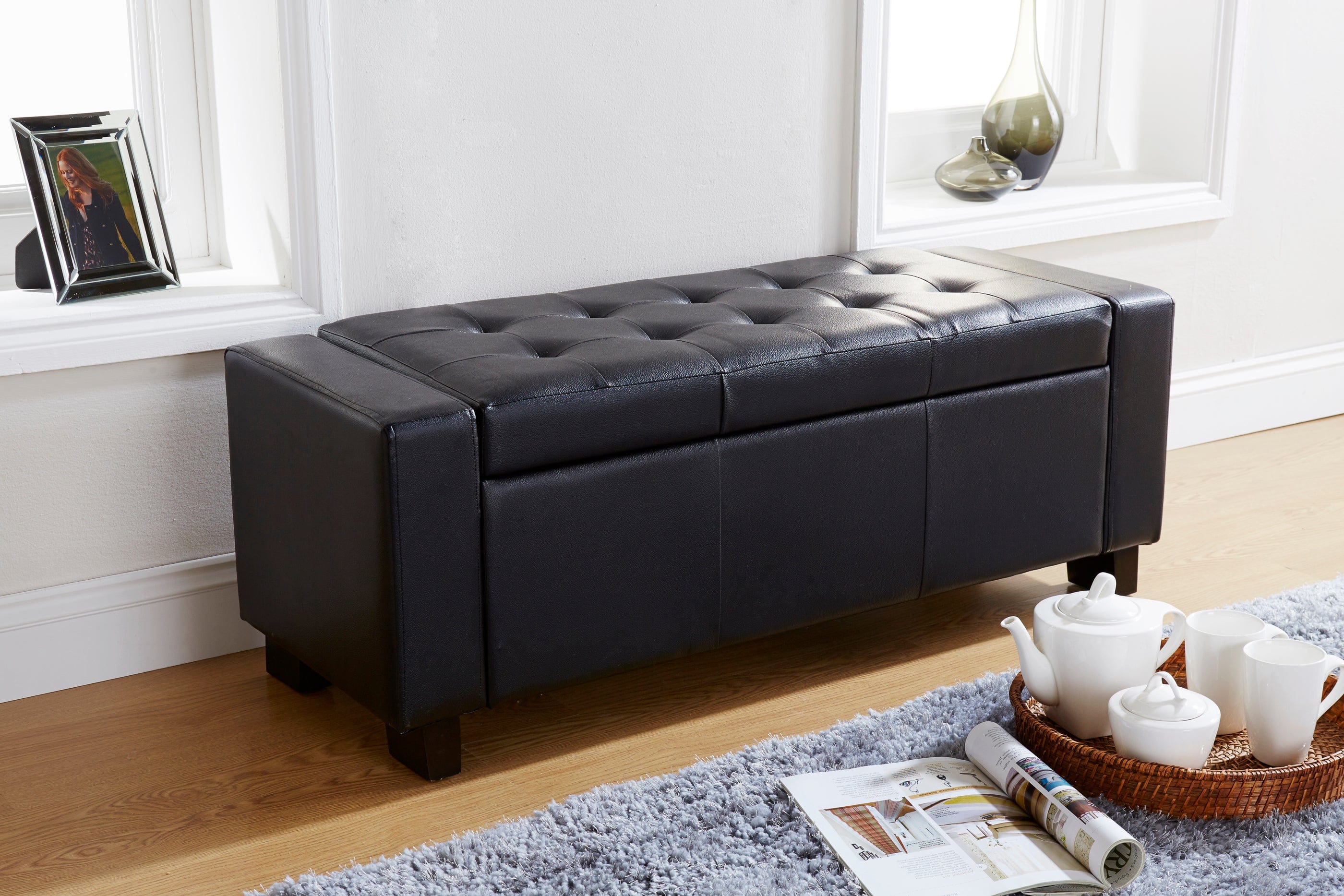 GFW Storage Ottoman Verona Ottoman Bench Black  Pu Bed Kings