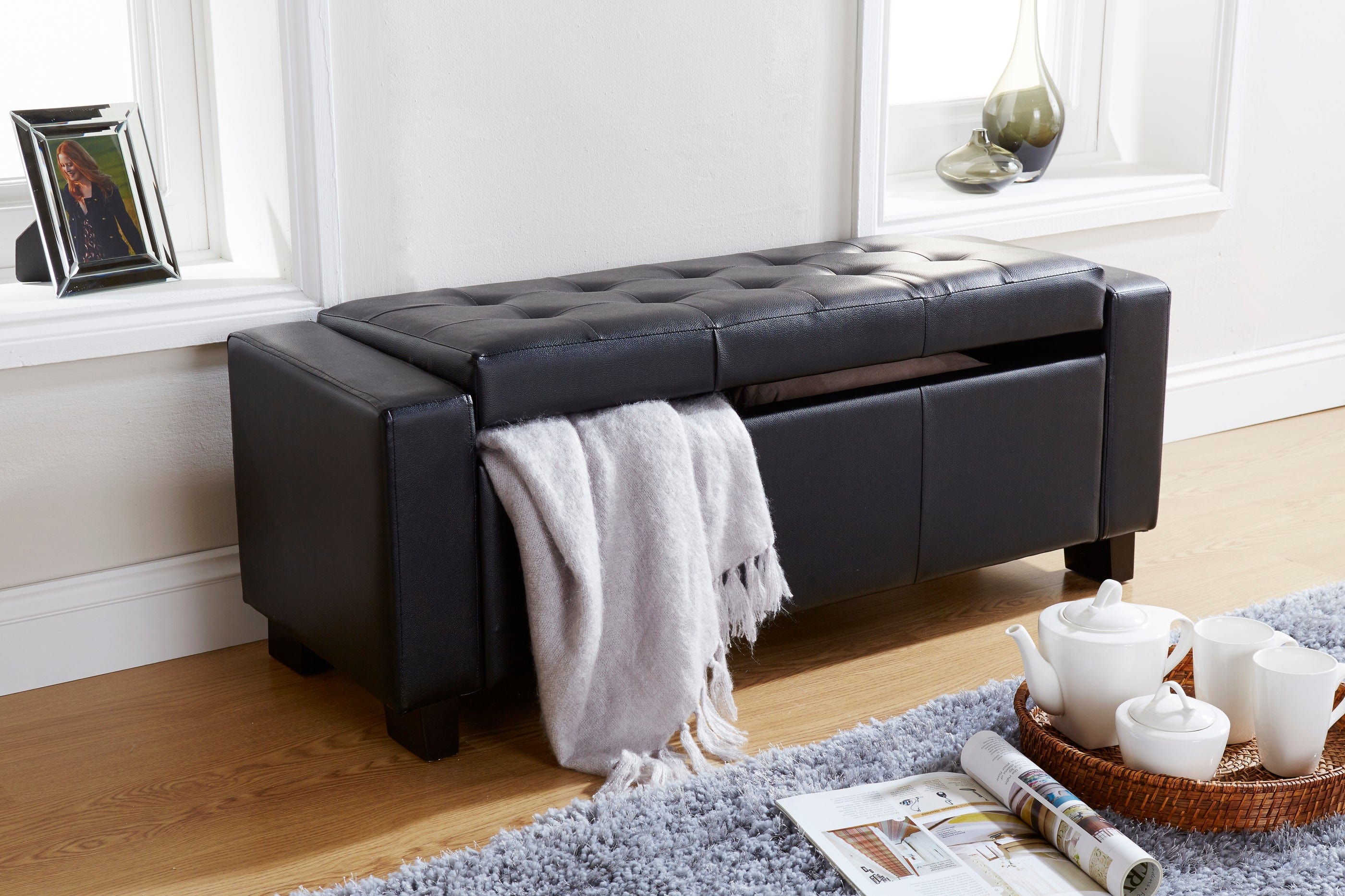 GFW Storage Ottoman Verona Ottoman Bench Black  Pu Bed Kings