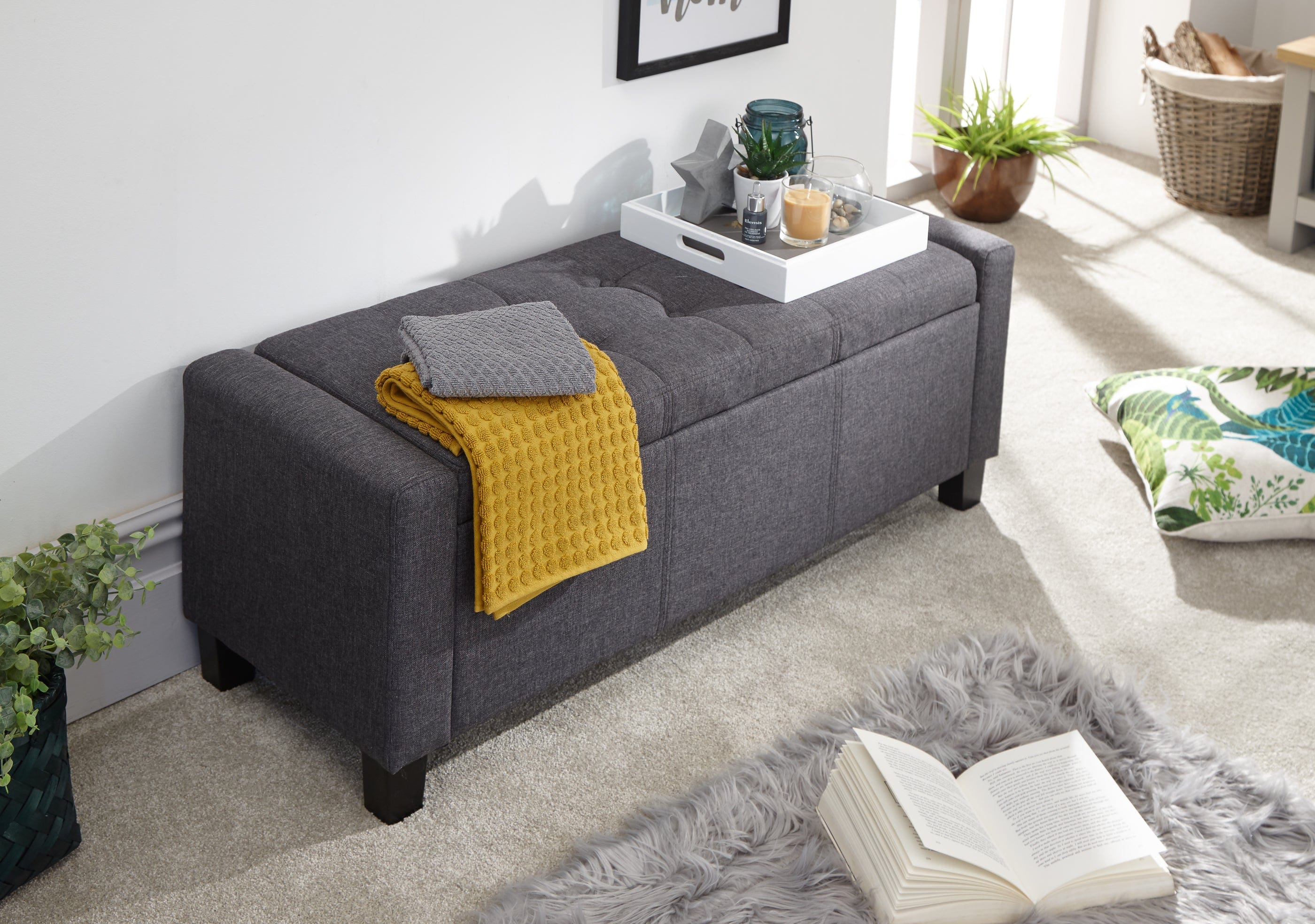 GFW Storage Ottoman Verona Ottoman Bench Charcoal Grey Fabric Bed Kings