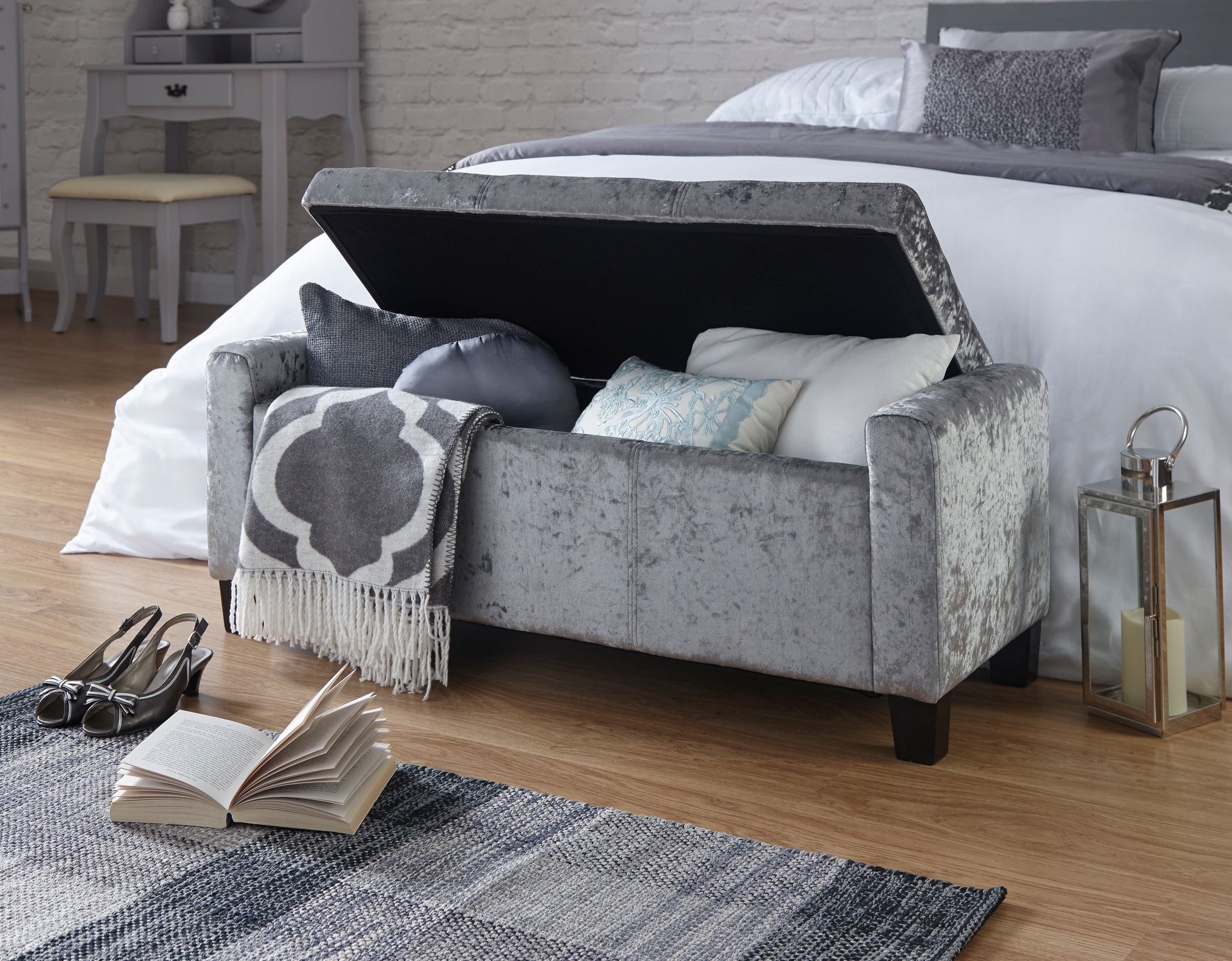 GFW Storage Ottoman Verona Ottoman Bench Grey Crushed Velvet Bed Kings