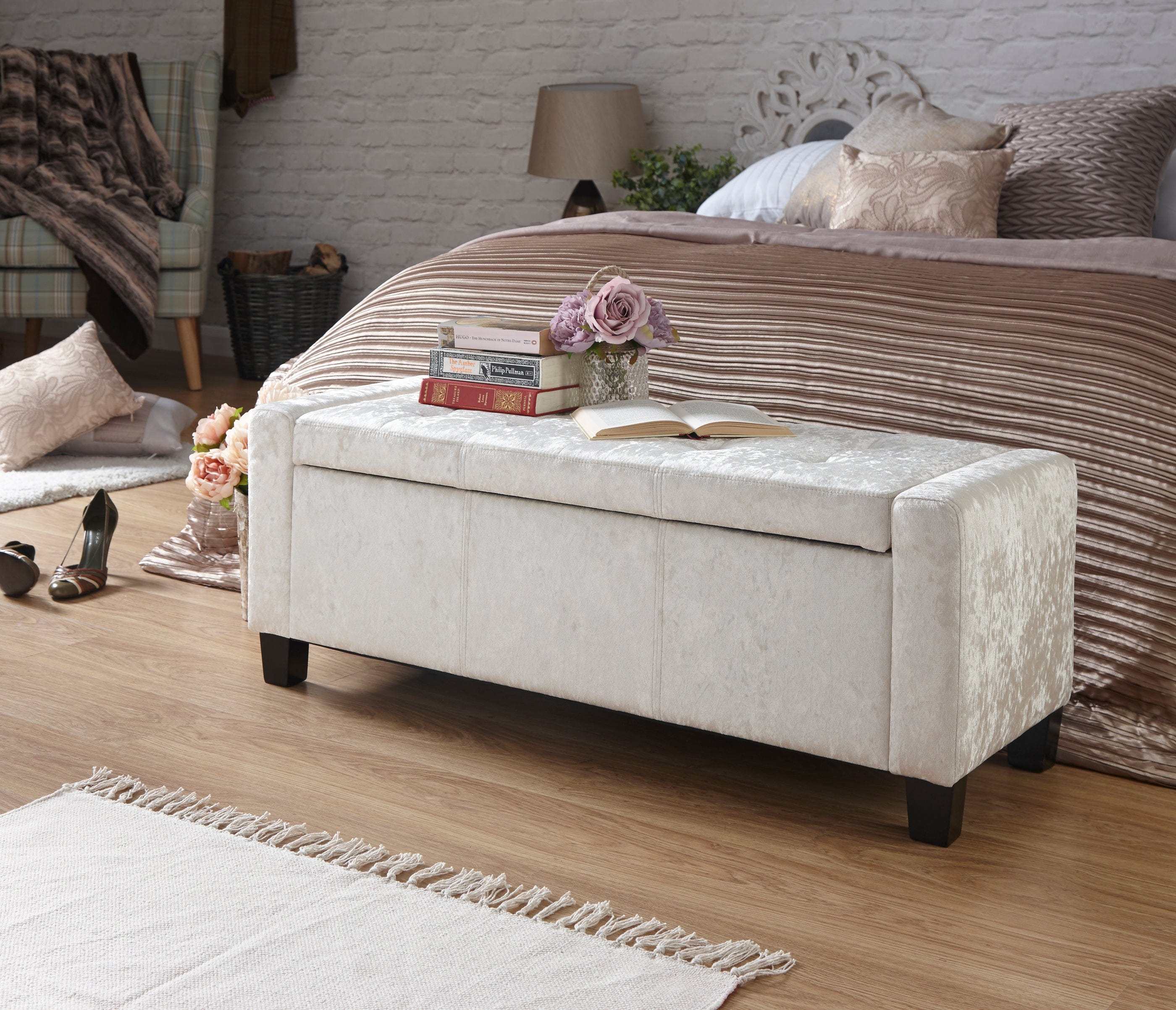 GFW Storage Ottoman Verona Ottoman Bench Oyster Crushed Velvet Bed Kings