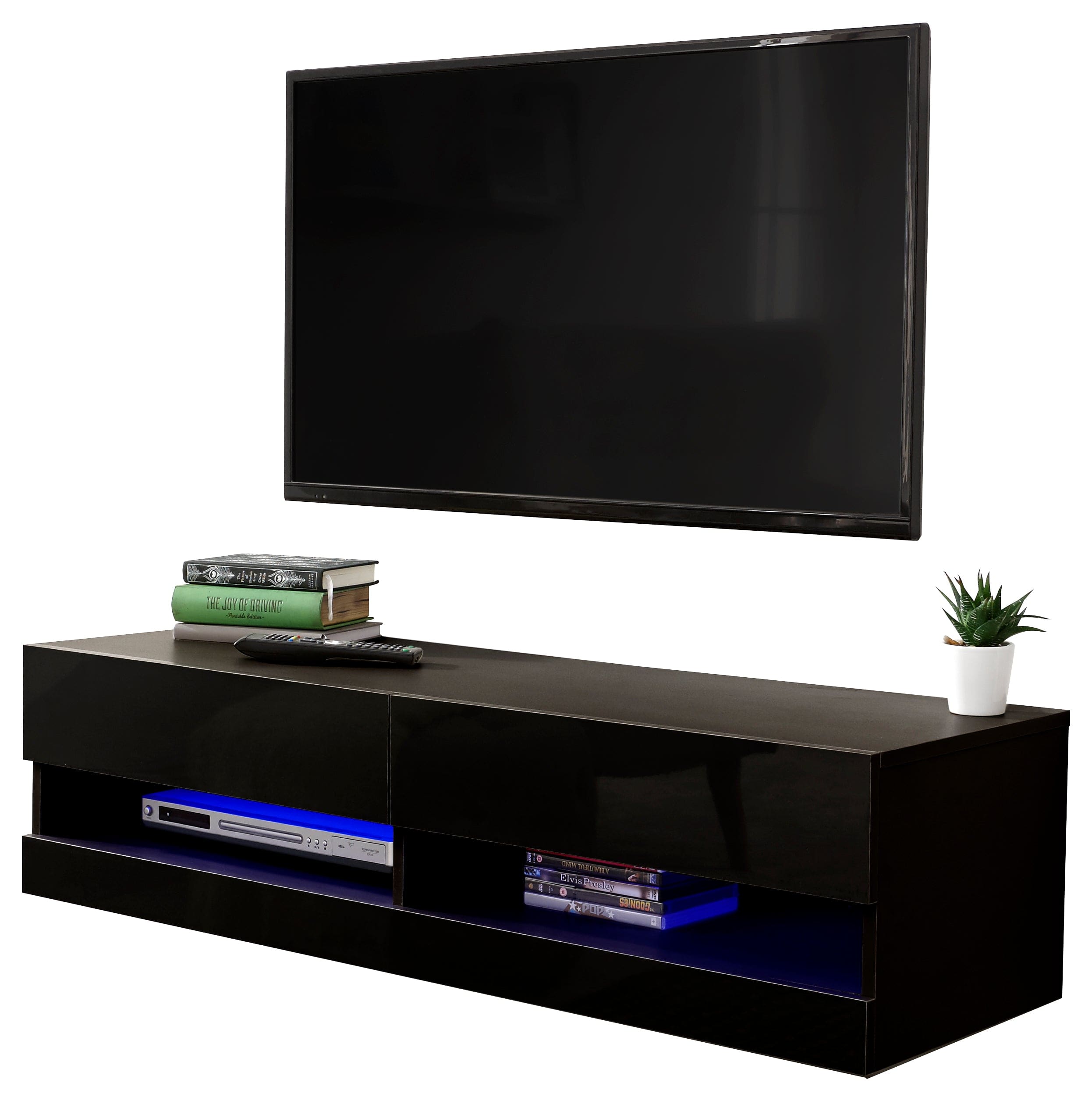 GFW TV Unit Galicia 120Cm Wall TV Unit With Led Black Bed Kings