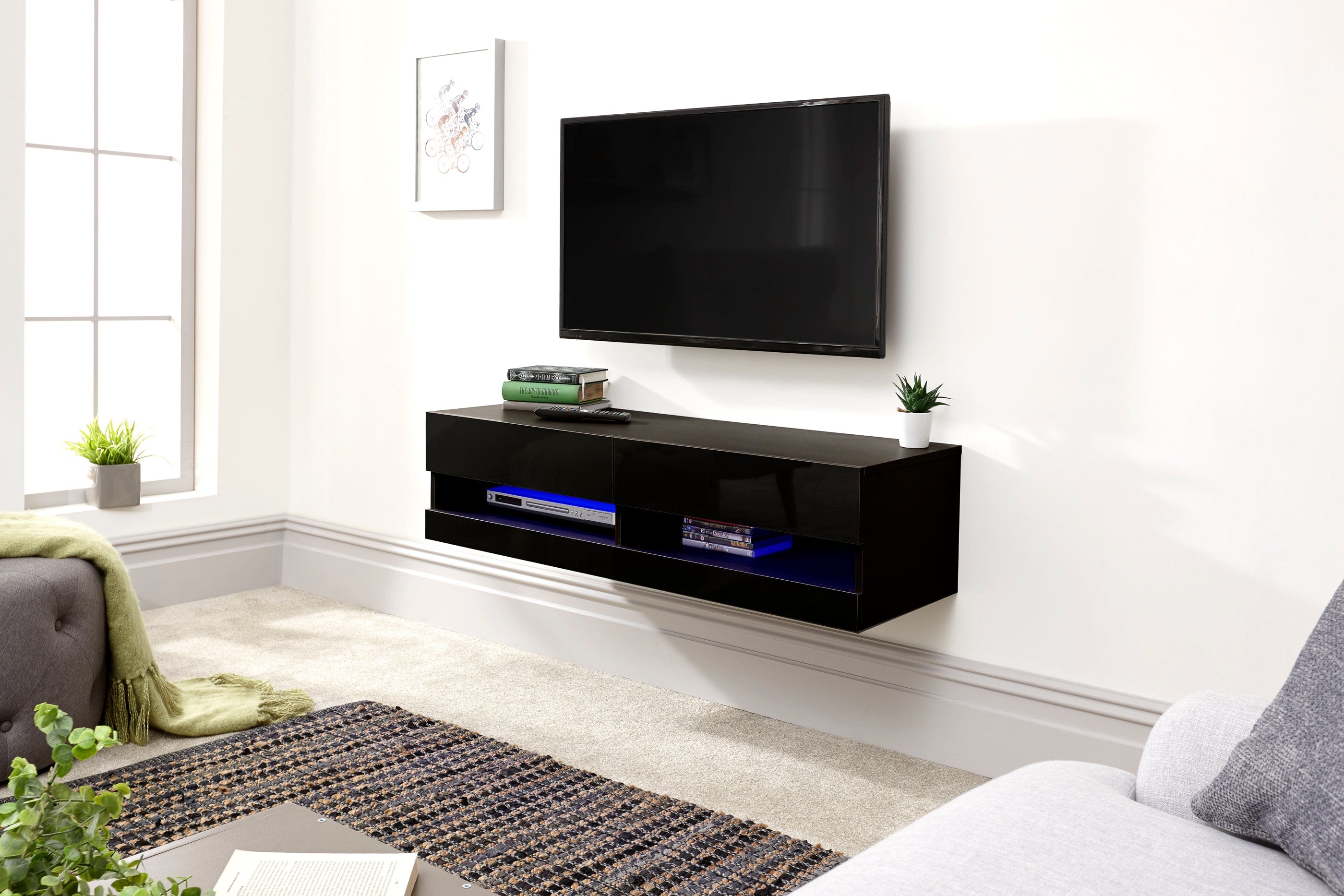 GFW TV Unit Galicia 120Cm Wall TV Unit With Led Black Bed Kings