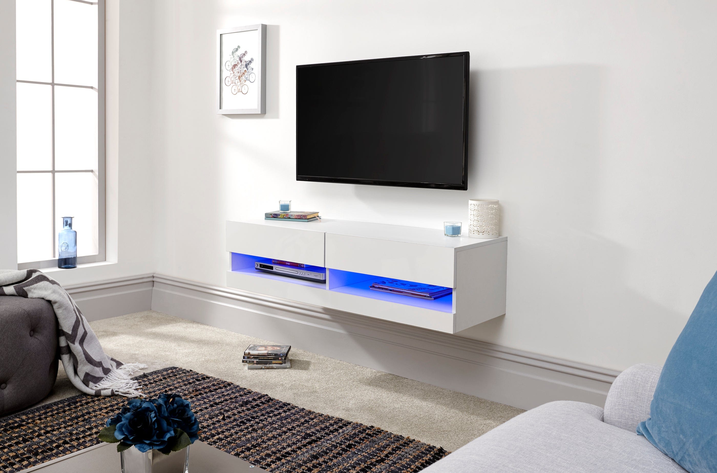 GFW TV Unit Galicia 120Cm Wall TV Unit With Led White Bed Kings