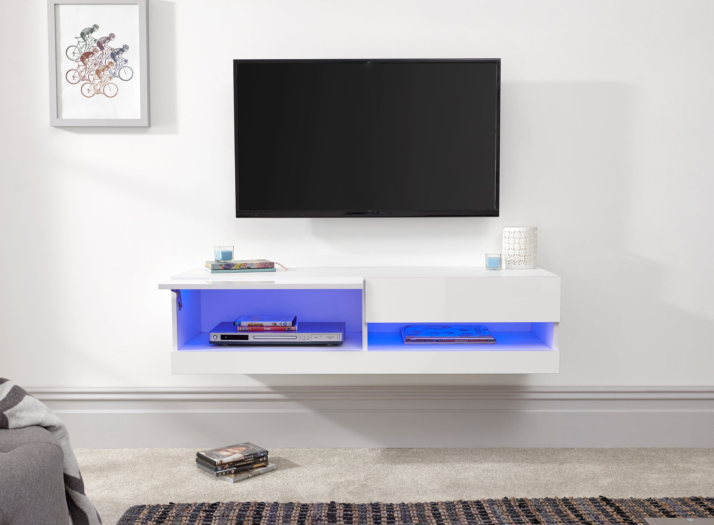 GFW TV Unit Galicia 120Cm Wall TV Unit With Led White Bed Kings