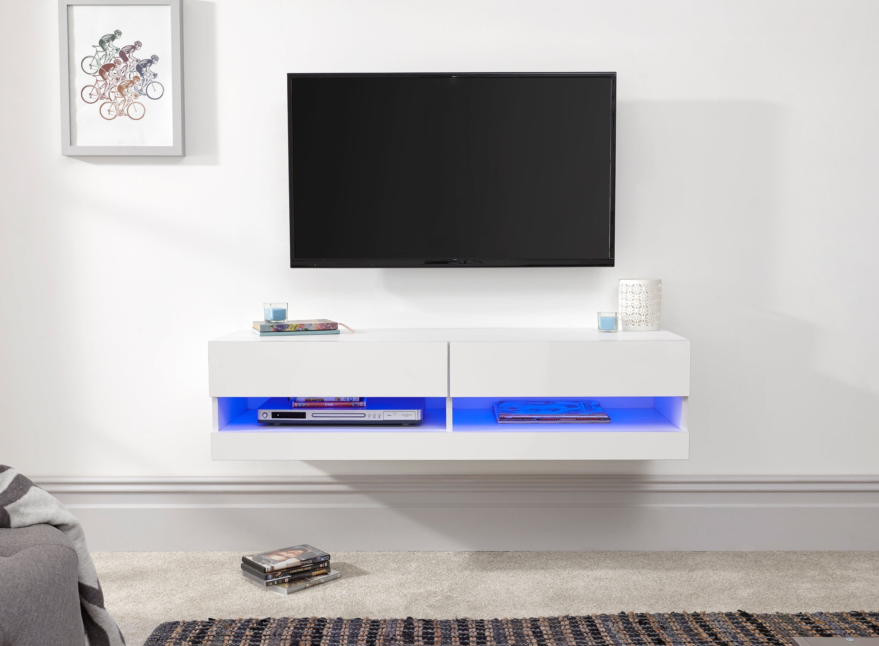 GFW TV Unit Galicia 120Cm Wall TV Unit With Led White Bed Kings