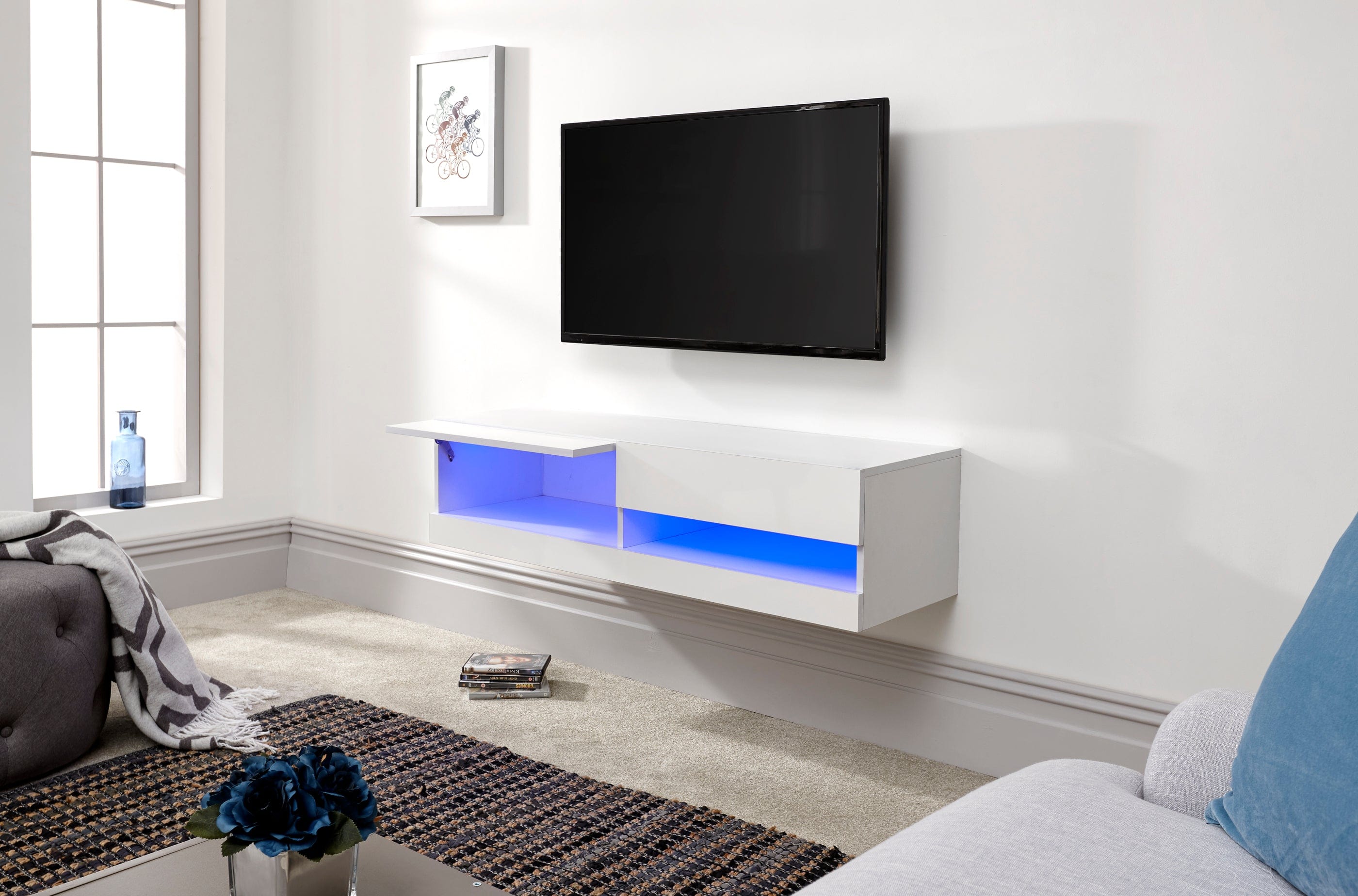 GFW TV Unit Galicia 120Cm Wall TV Unit With Led White Bed Kings