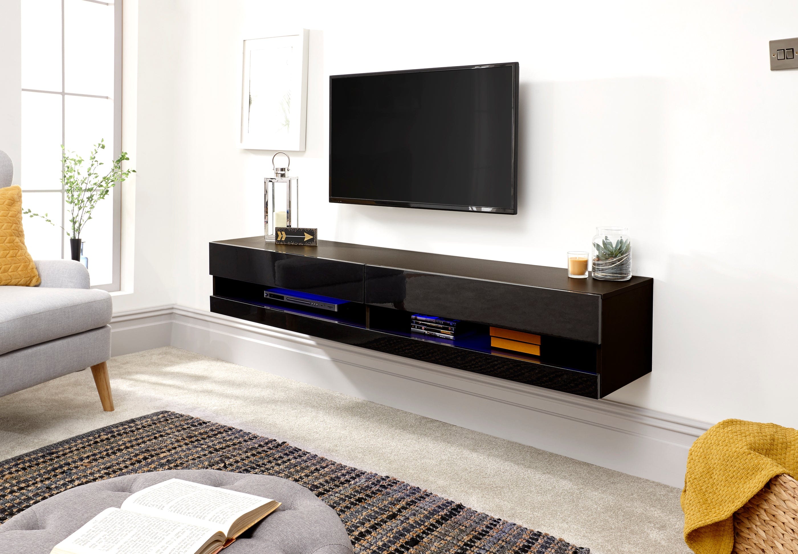 GFW TV Unit Galicia 150Cm Wall TV Unit With Led Black Bed Kings