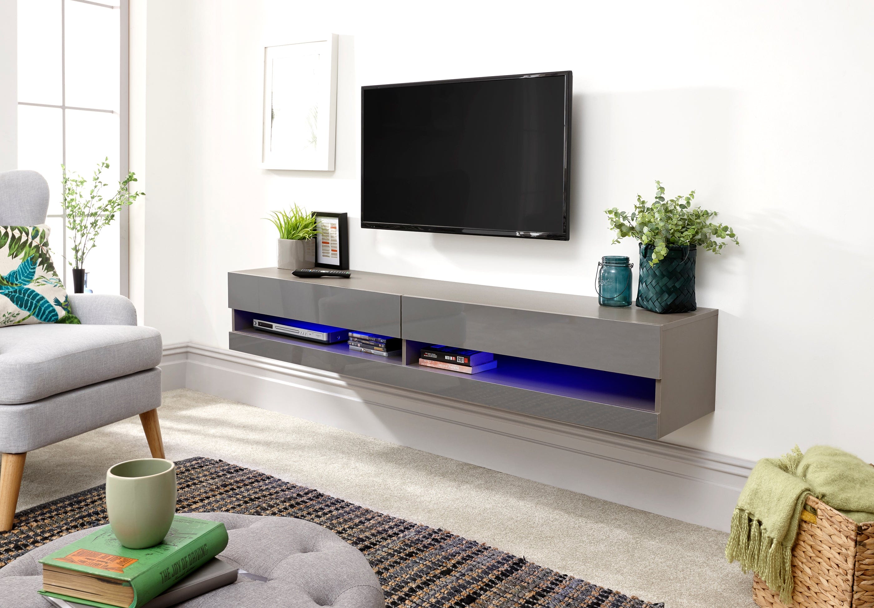 GFW TV Unit Galicia 150Cm Wall TV Unit With Led Grey Bed Kings