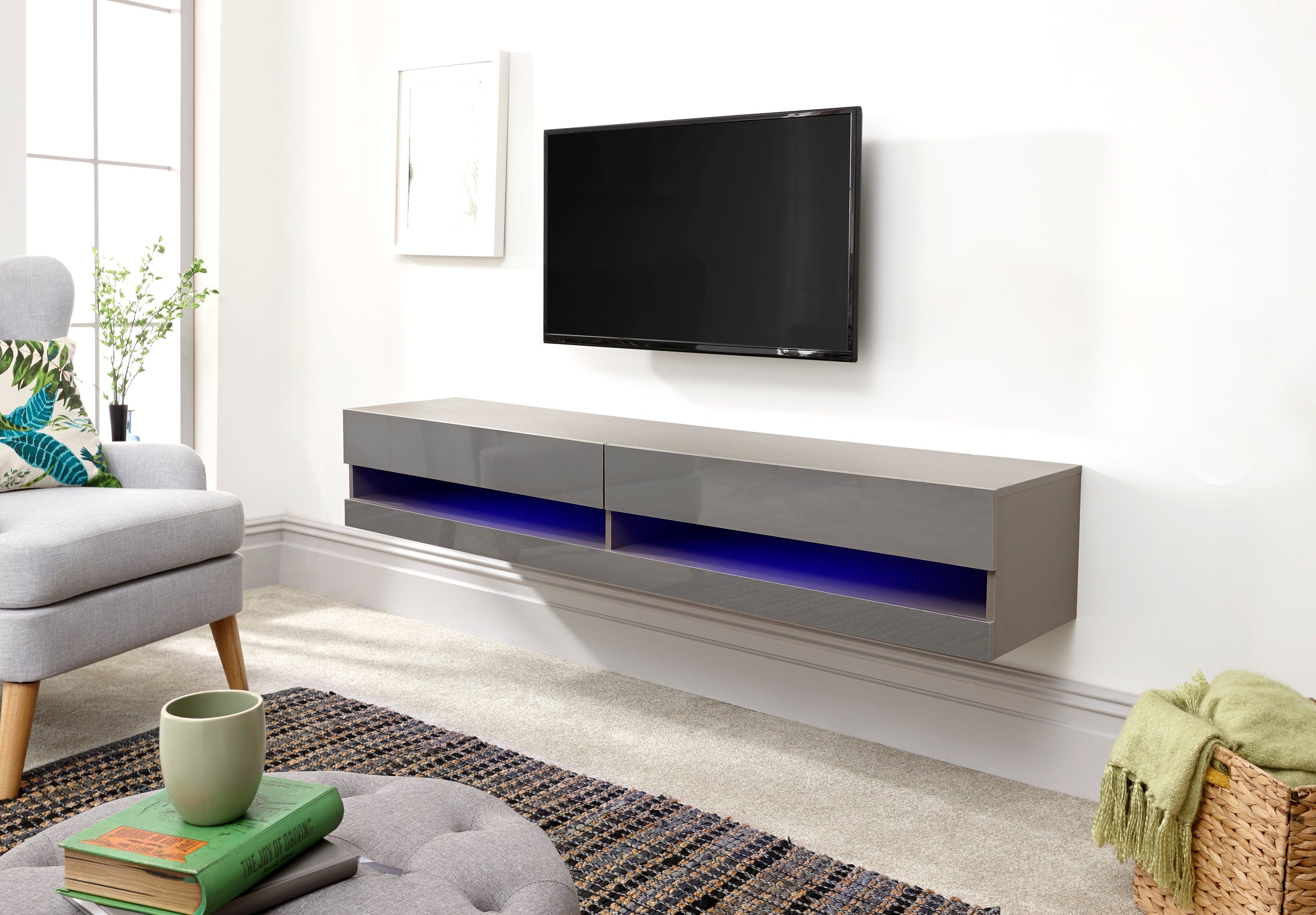 GFW TV Unit Galicia 150Cm Wall TV Unit With Led Grey Bed Kings