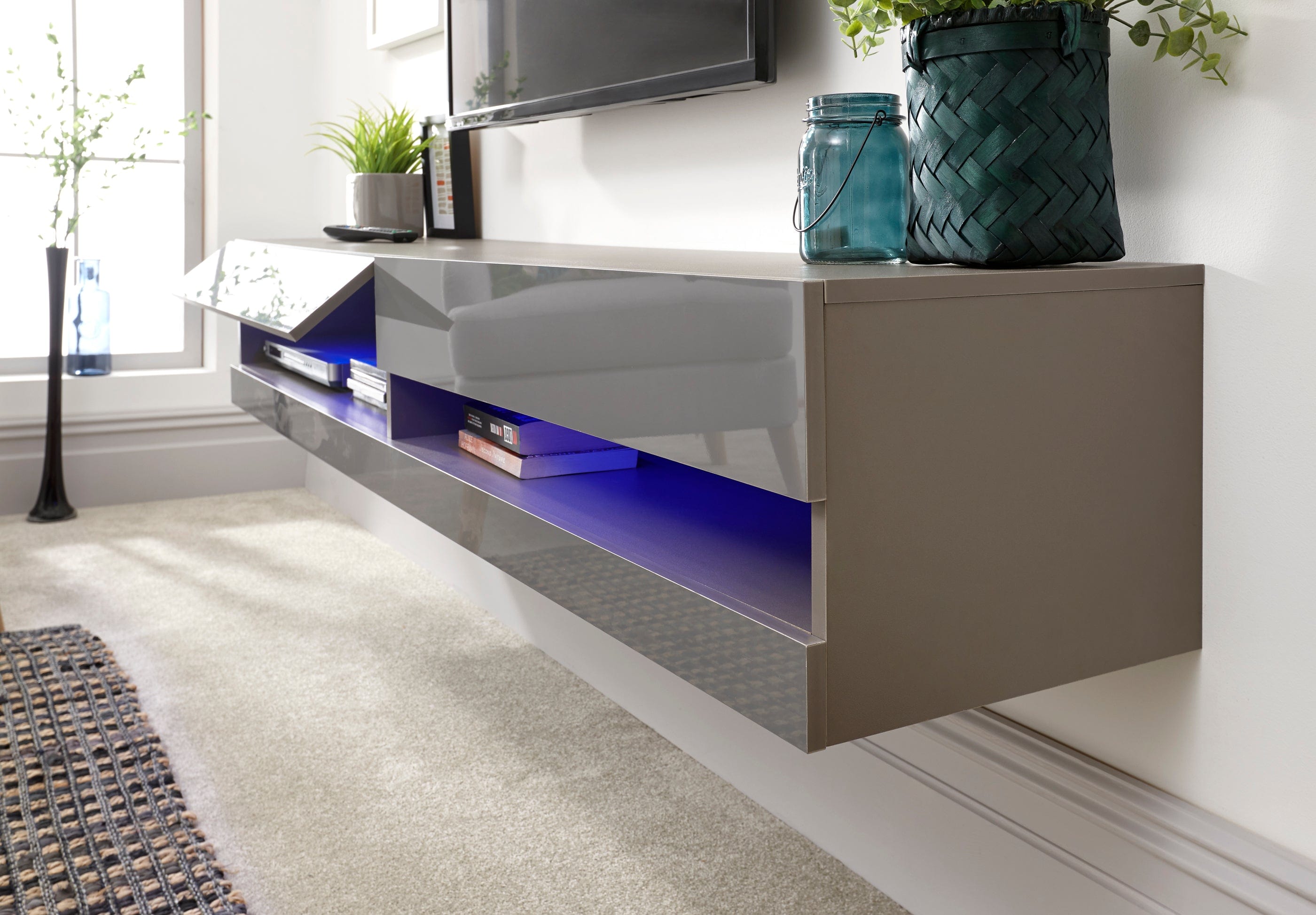 GFW TV Unit Galicia 150Cm Wall TV Unit With Led Grey Bed Kings