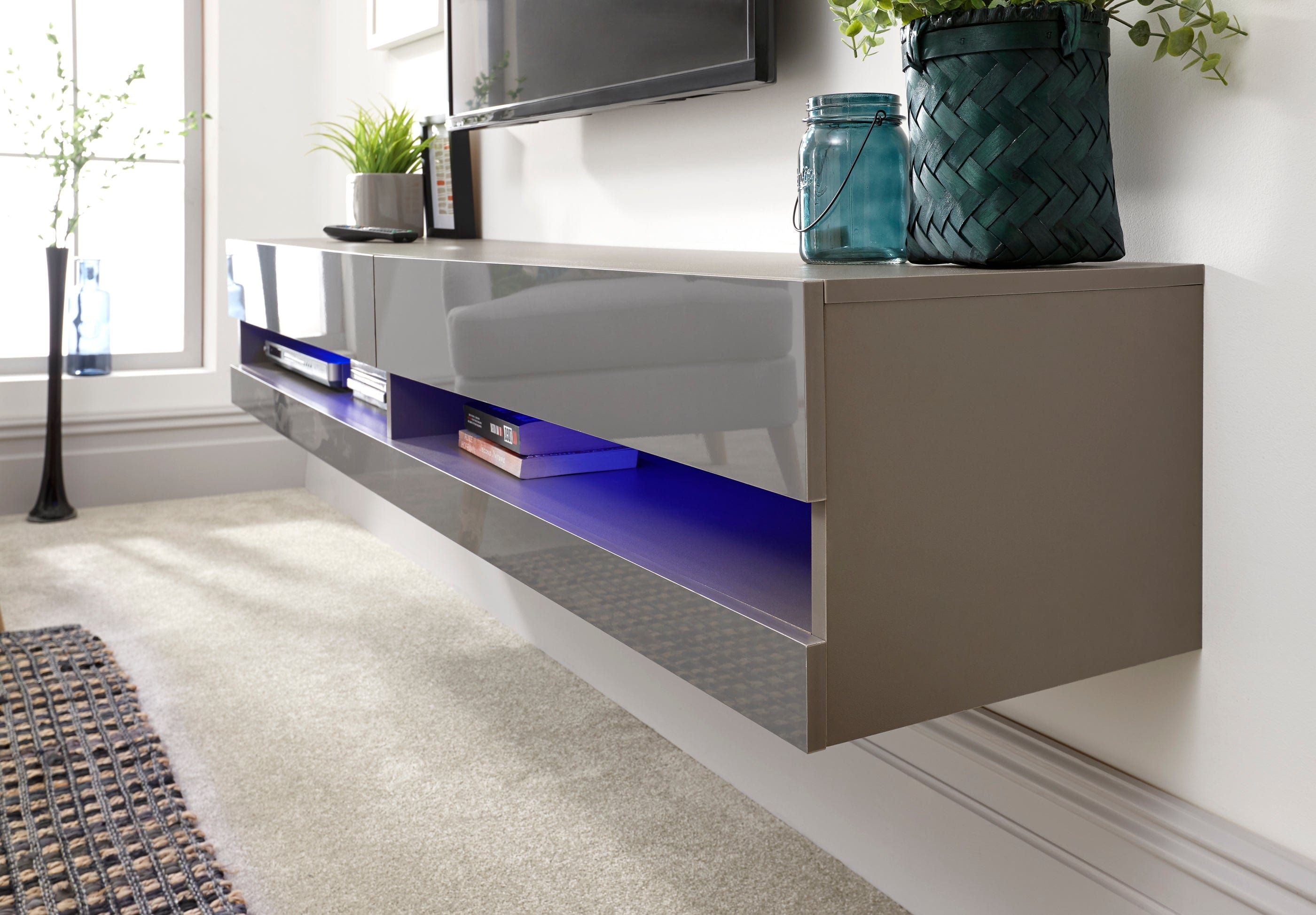 GFW TV Unit Galicia 150Cm Wall TV Unit With Led Grey Bed Kings