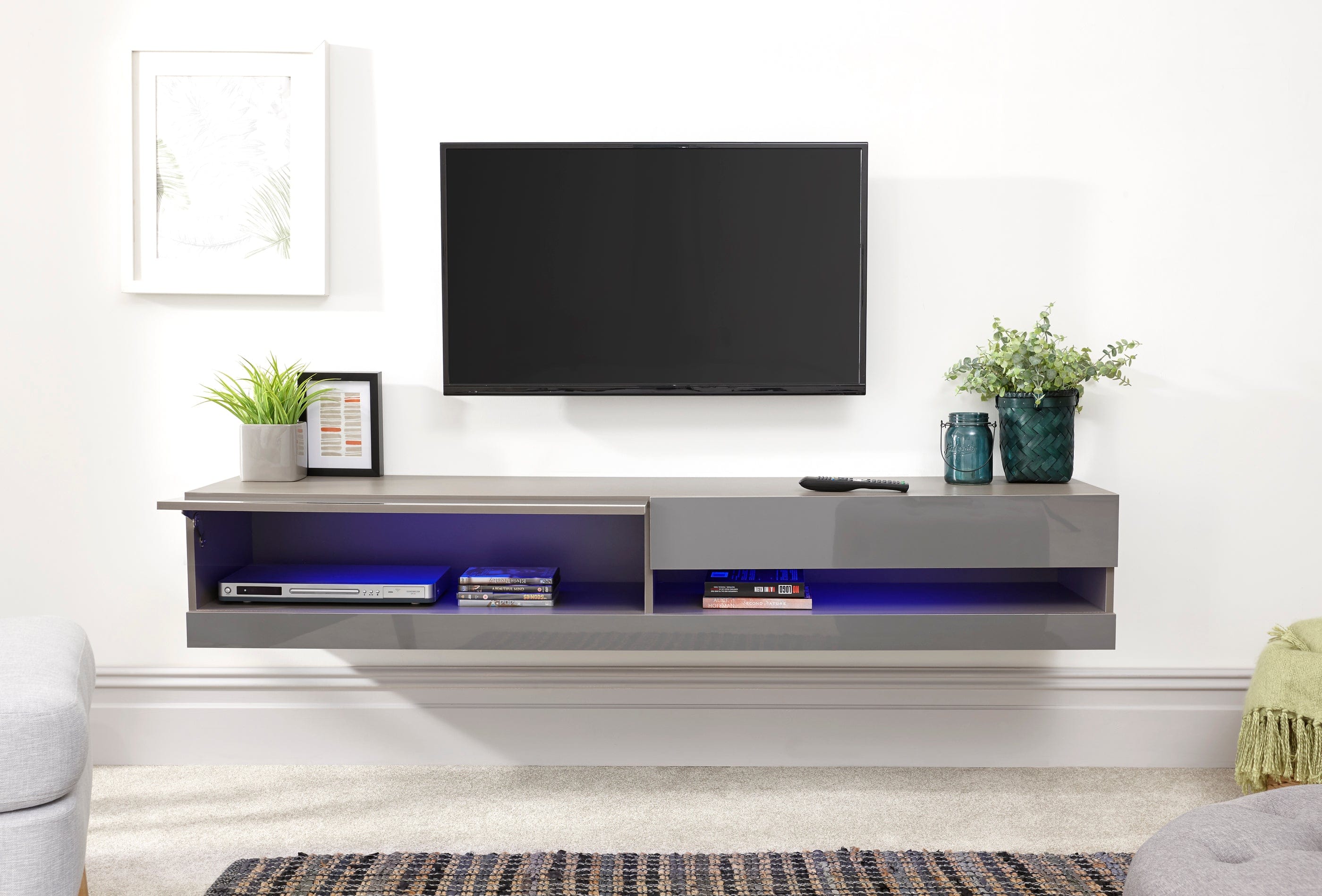 GFW TV Unit Galicia 150Cm Wall TV Unit With Led Grey Bed Kings