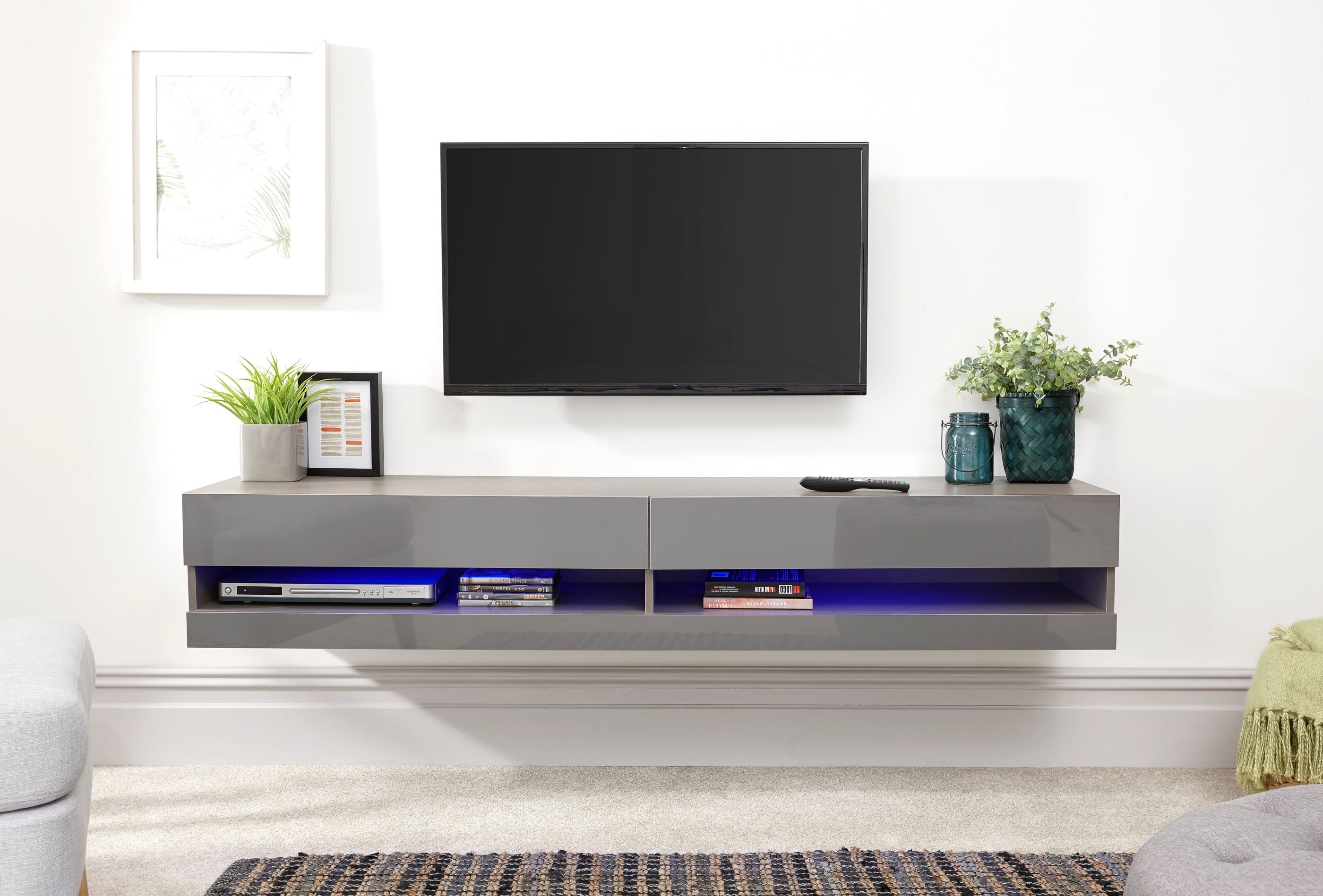 GFW TV Unit Galicia 150Cm Wall TV Unit With Led Grey Bed Kings