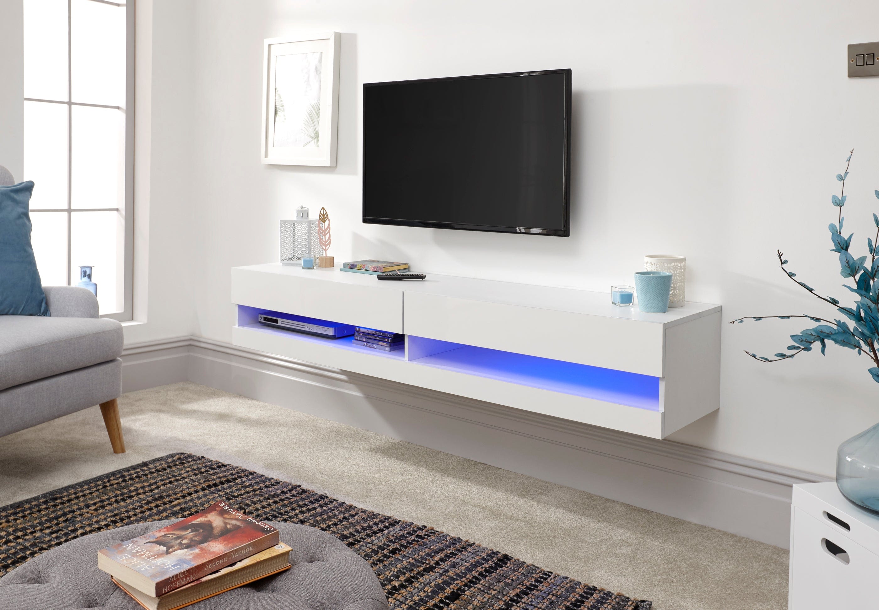 GFW TV Unit Galicia 150Cm Wall TV Unit With Led White Bed Kings