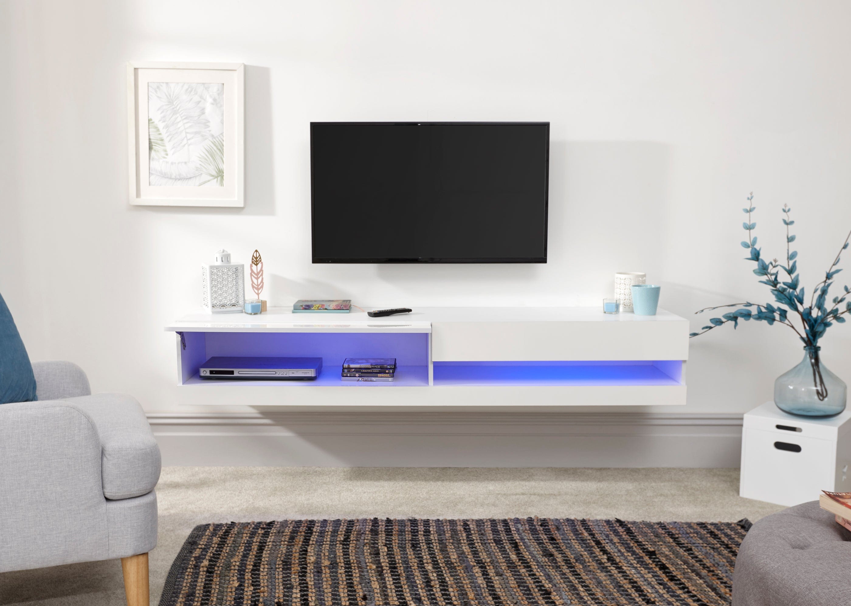 GFW TV Unit Galicia 150Cm Wall TV Unit With Led White Bed Kings