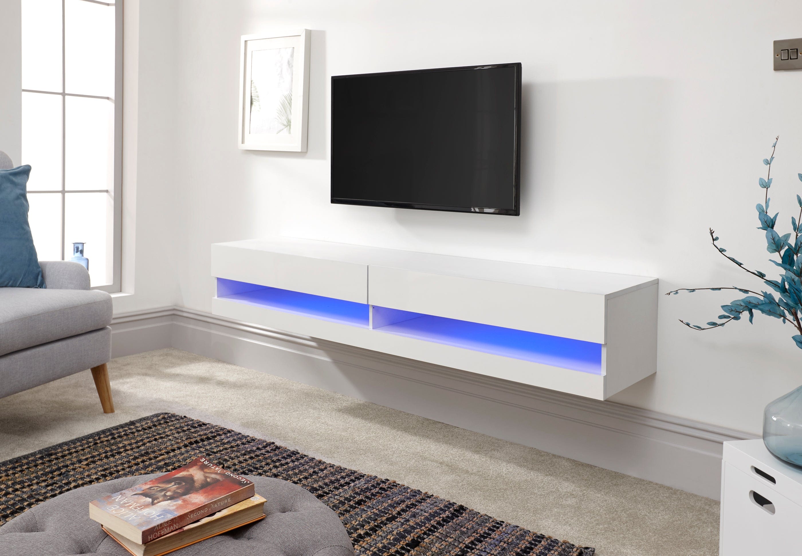 GFW TV Unit Galicia 150Cm Wall TV Unit With Led White Bed Kings