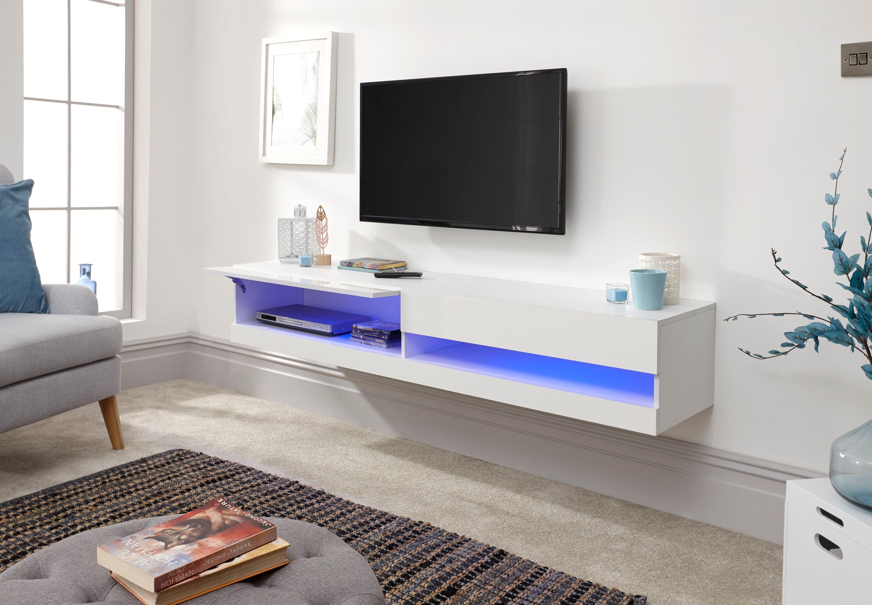 GFW TV Unit Galicia 150Cm Wall TV Unit With Led White Bed Kings