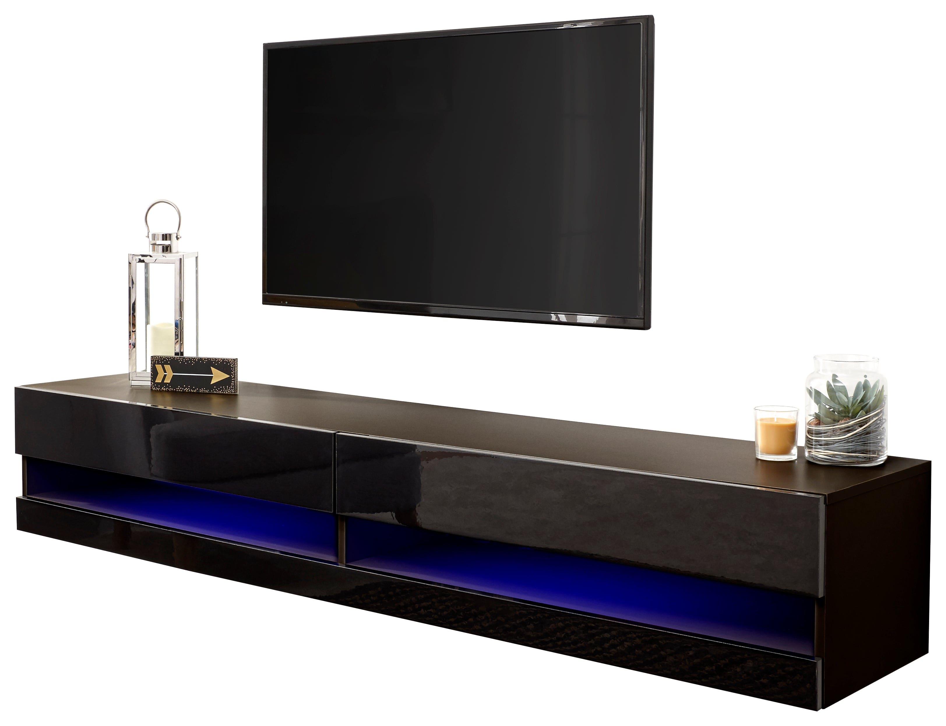 GFW TV Unit Galicia 180Cm Wall TV Unit With Led Black Bed Kings