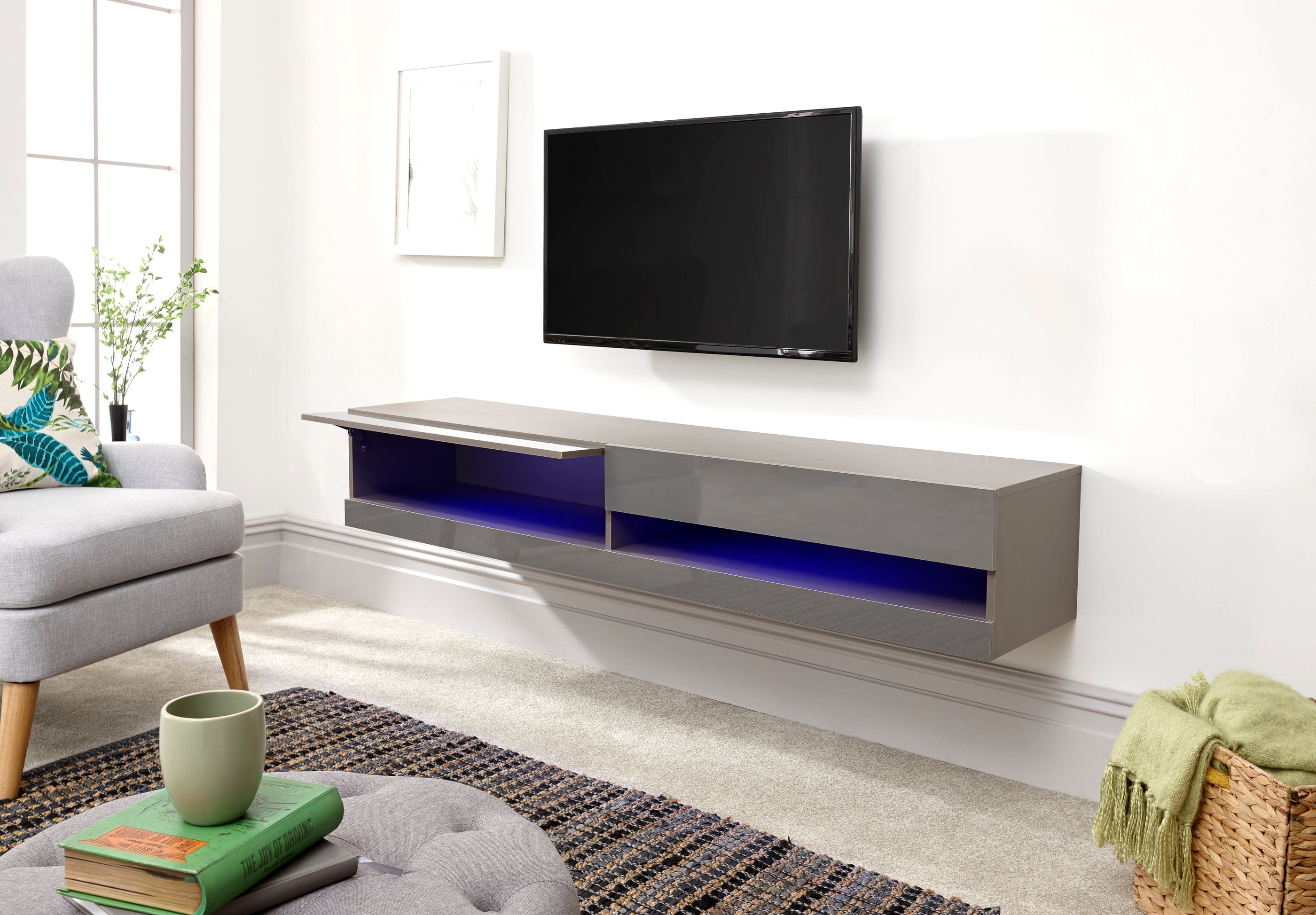 GFW TV Unit Galicia 180Cm Wall TV Unit With Led Grey Bed Kings