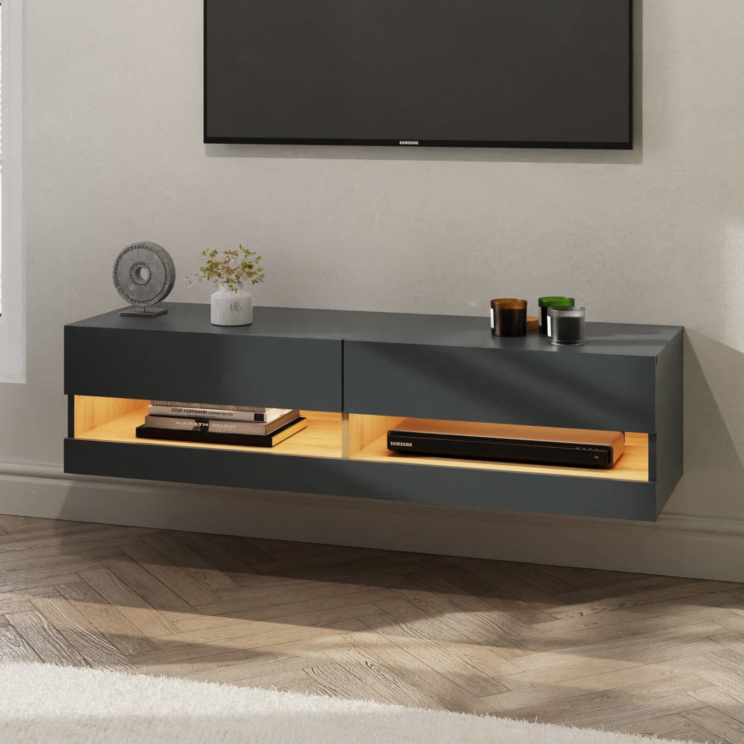 GFW TV Unit Leon 120Cm Wall TV Unit With LED Anthracite/Oak Bed Kings