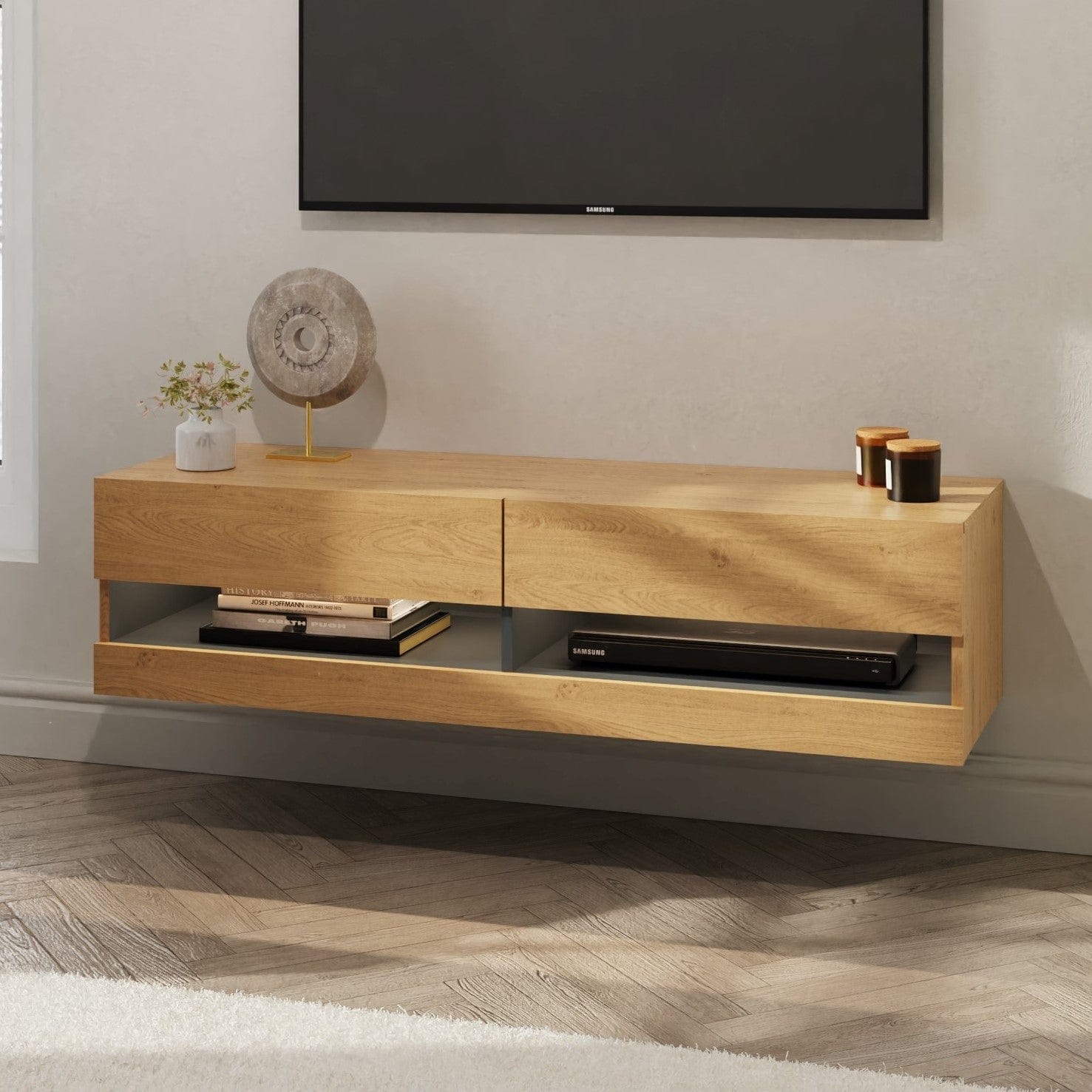 GFW TV Unit Leon 120Cm Wall TV Unit With LED Oak/Anthracite Bed Kings