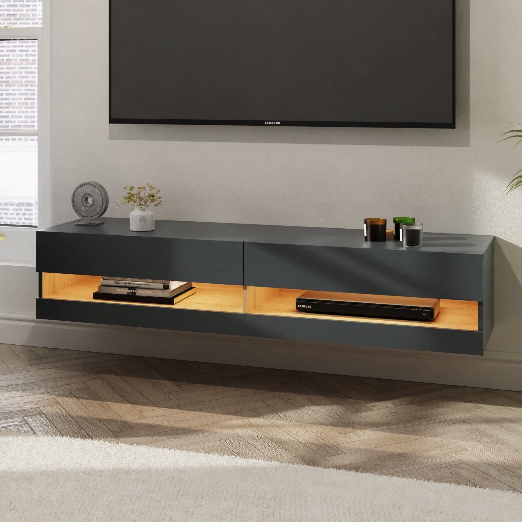 GFW TV Unit Leon 150Cm Wall TV Unit With LED Anthracite/Oak Bed Kings