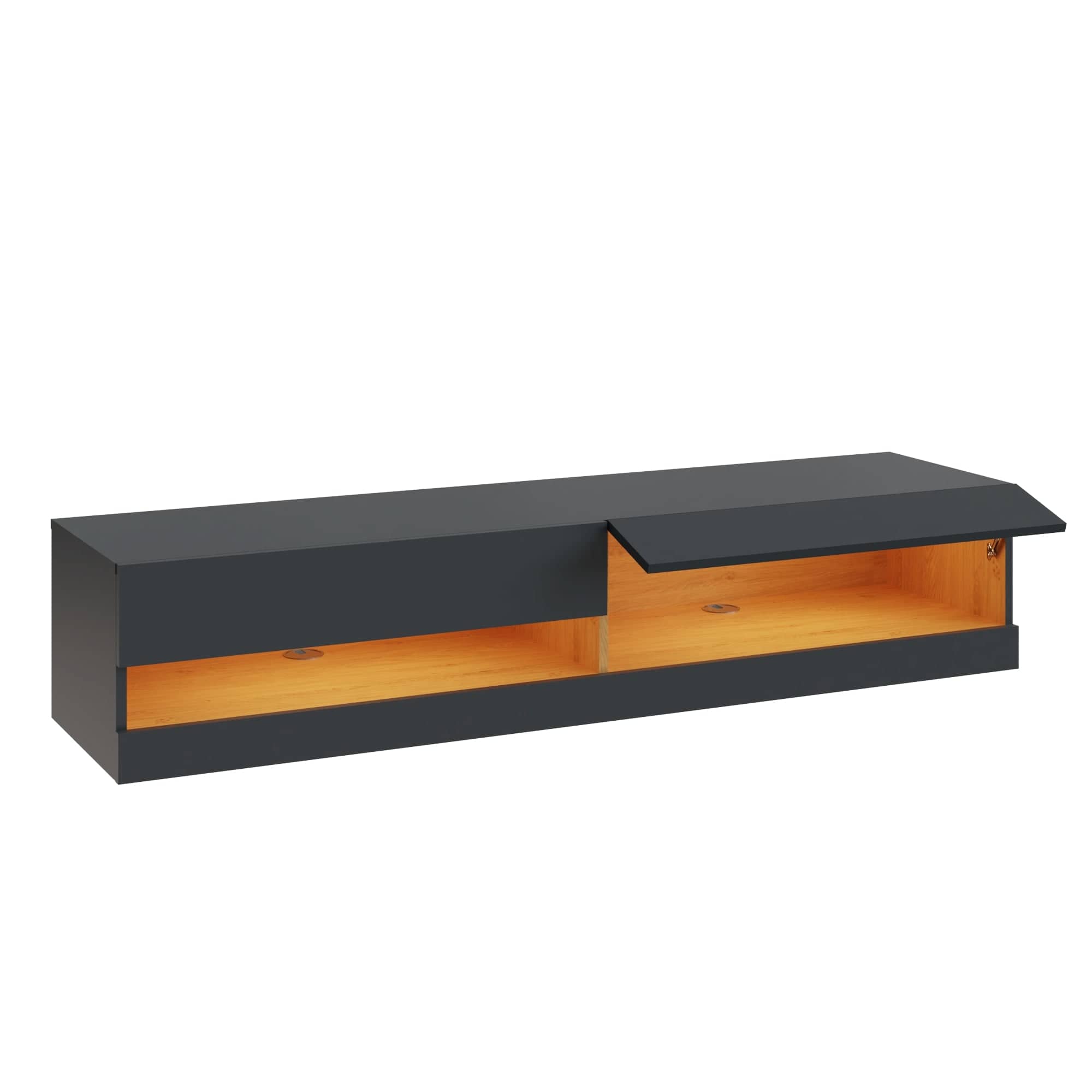 GFW TV Unit Leon 150Cm Wall TV Unit With LED Anthracite/Oak Bed Kings